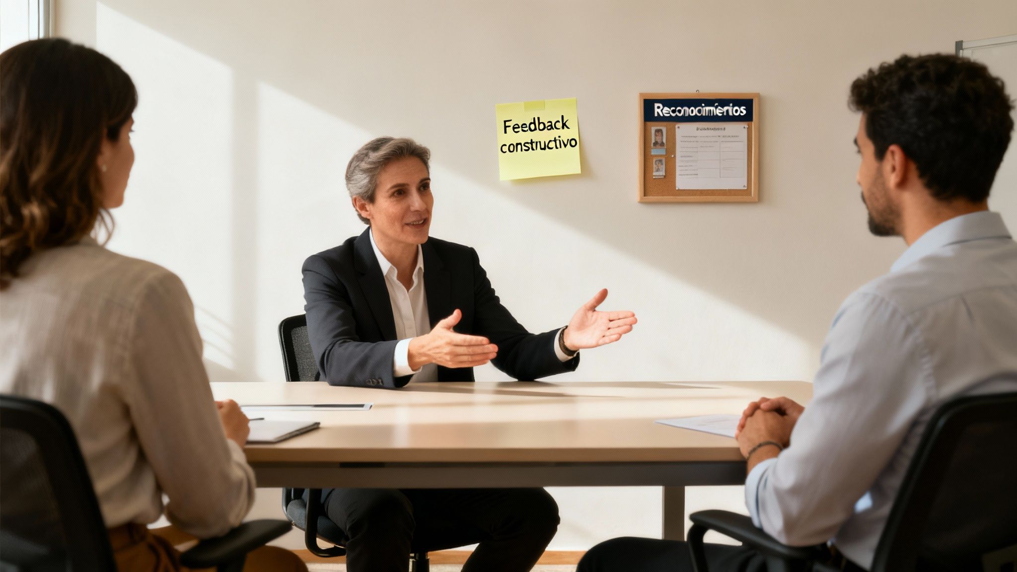 Una mujer líder discute con dos empleados en una reunión, con notas de 'Feedback constructivo' y 'Reconocimientos' en la pared.