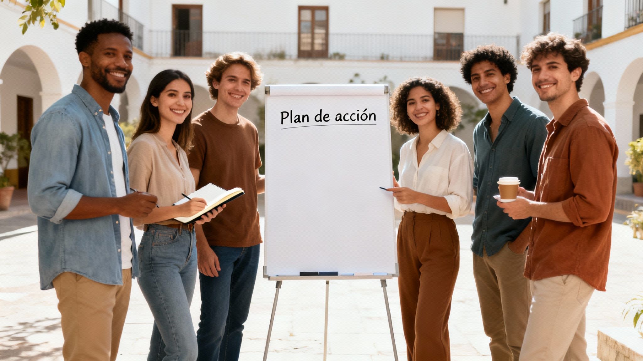 Un grupo diverso de jóvenes sonríe al aire libre, con una pizarra que muestra "Plan de acción", sugiriendo colaboración.