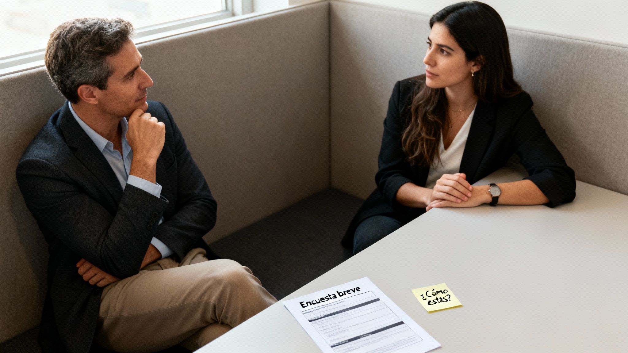 Dos personas en una cabina de oficina con una encuesta y una nota, participando en una conversación atenta.