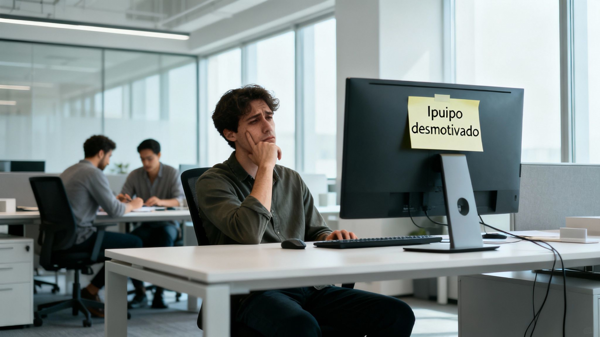 Hombre joven desmotivado en una oficina, mirando su monitor con una nota que dice 'Equipo desmotivado'.