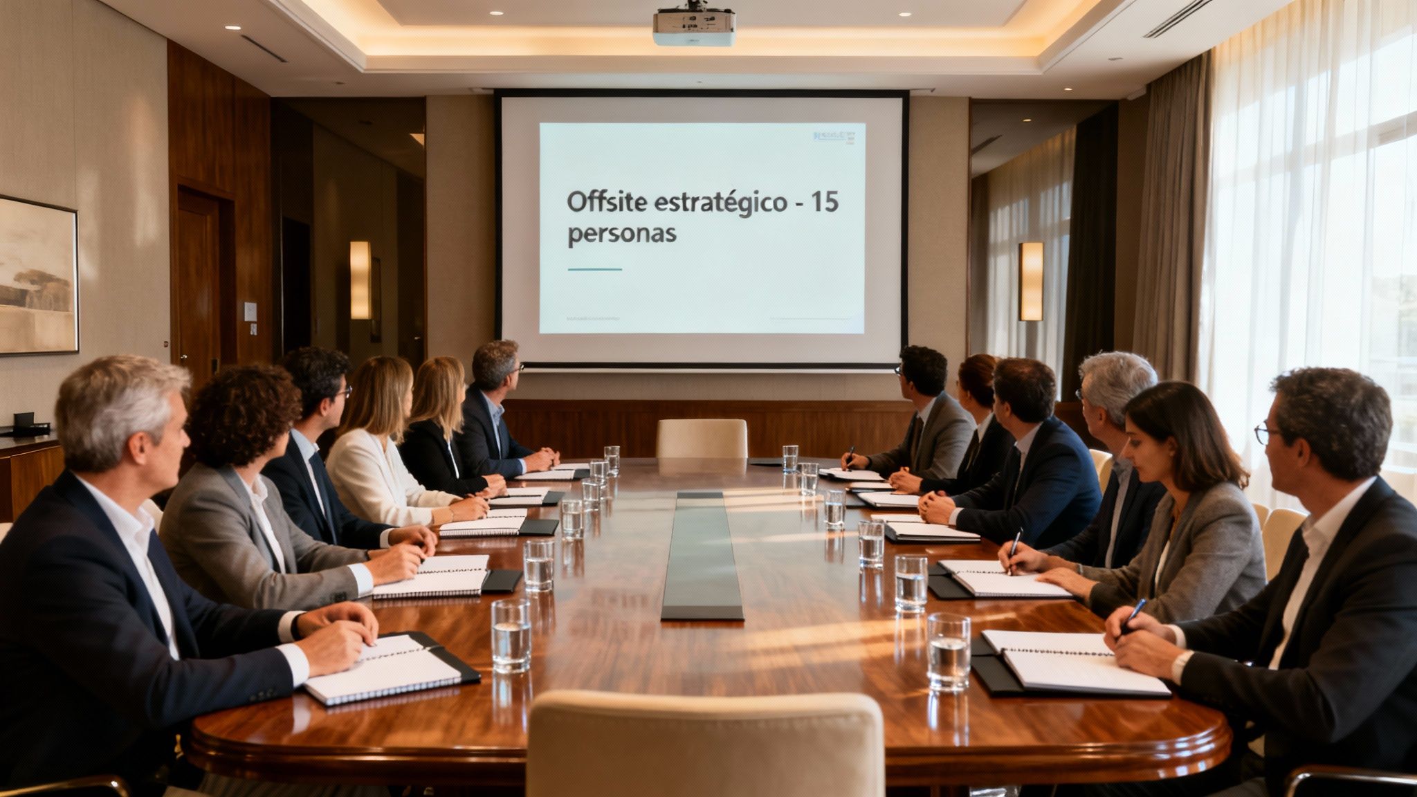 Grupo de profesionales en una reunión de negocios estratégica, con una presentación en proyector.