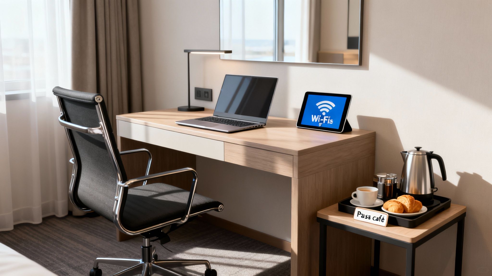 Espacio de trabajo de hotel con laptop, tablet Wi--Fi, silla de oficina y bandeja de café con croissants.