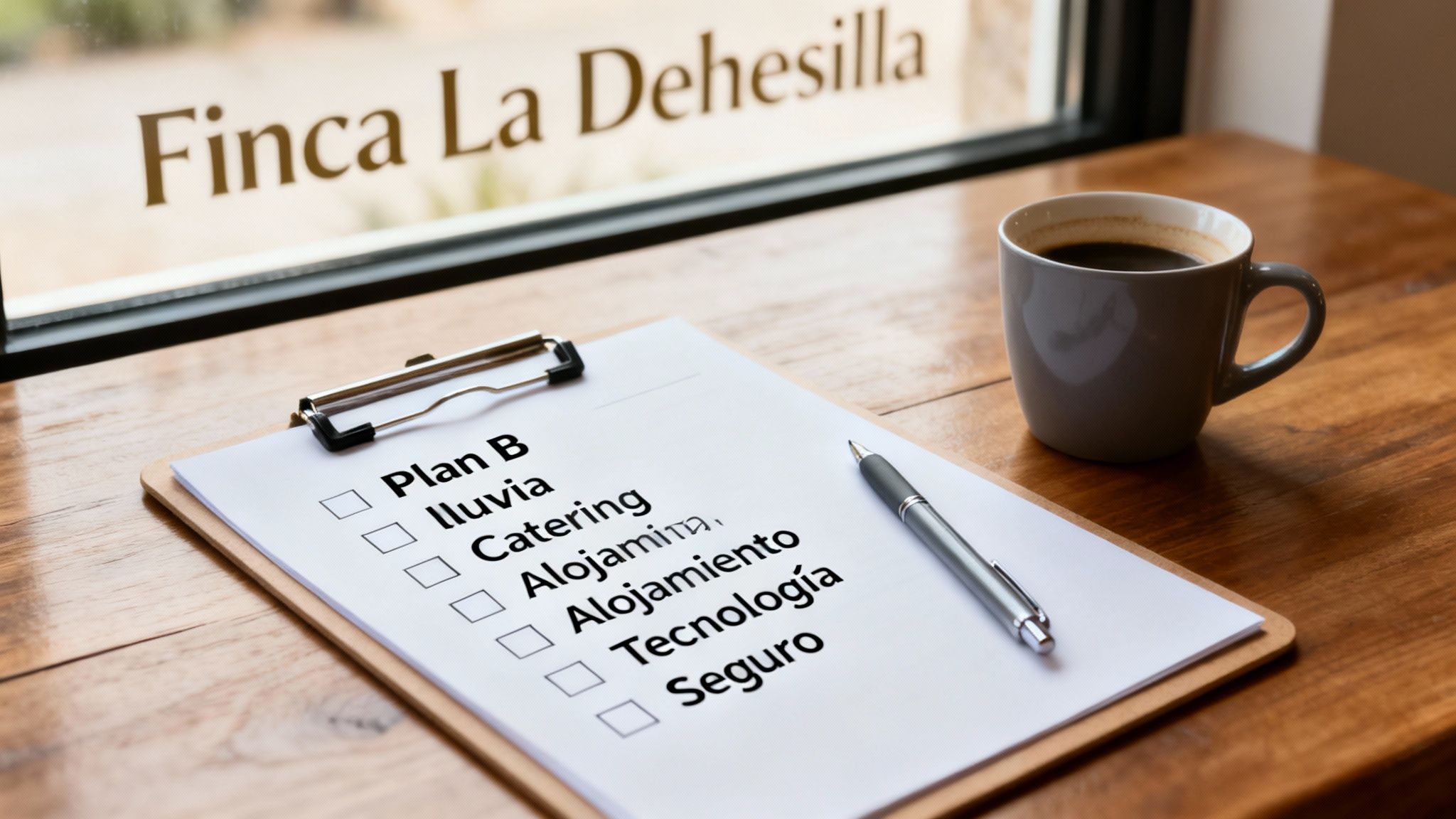 Portapapeles con una lista de verificación de eventos junto a una taza de café, con el nombre Finca La Dehesilla al fondo.