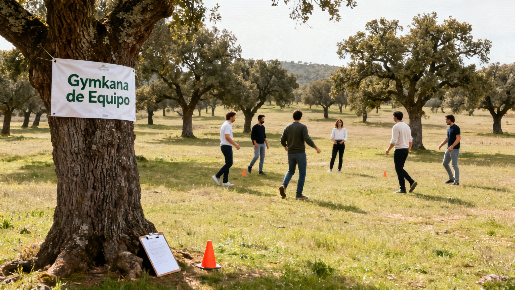 Grupo de personas participando en una gymkana de equipo al aire libre en un paisaje de dehesa soleado.