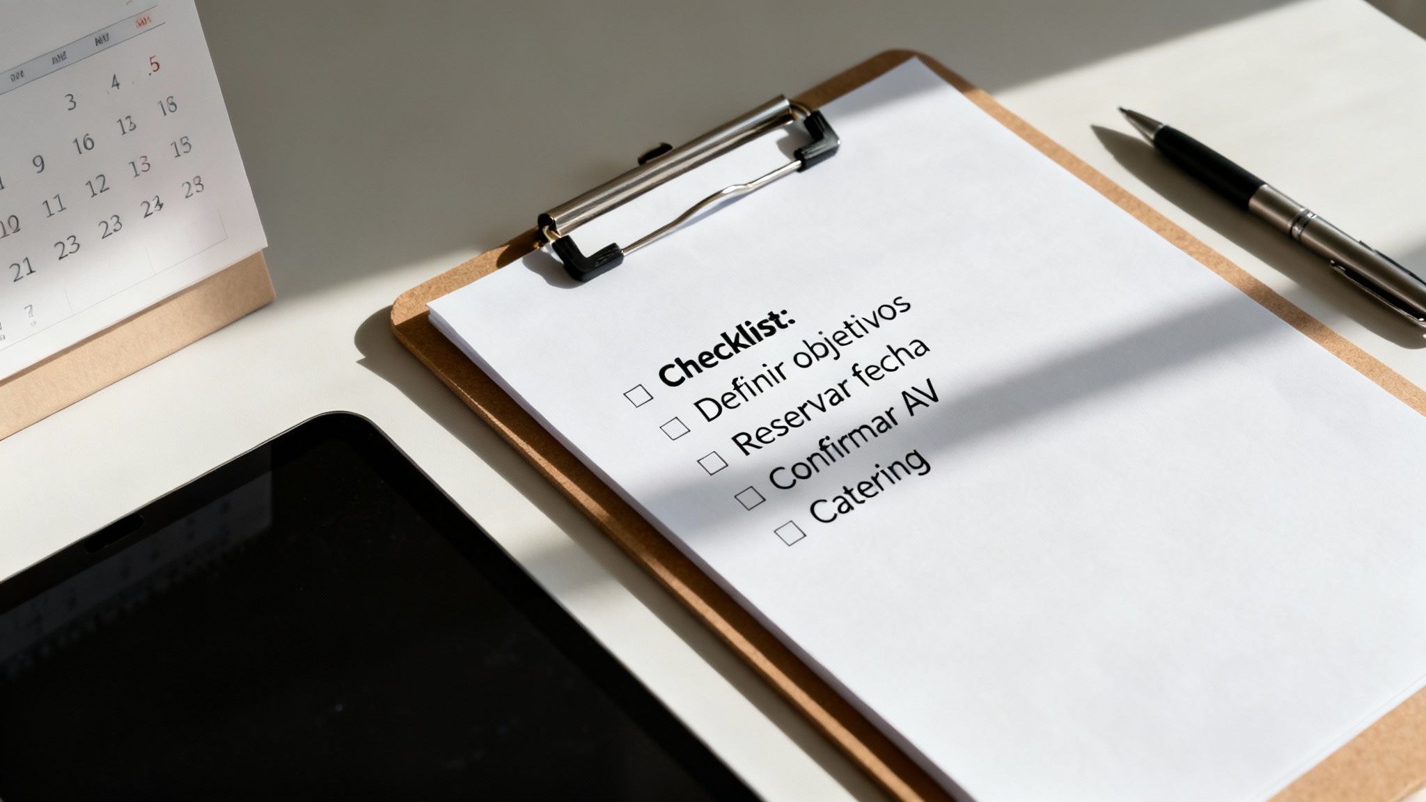 Portapapeles con checklist de tareas para un evento: definir objetivos, reservar fecha, confirmar AV y catering. Junto a un calendario y una tablet.