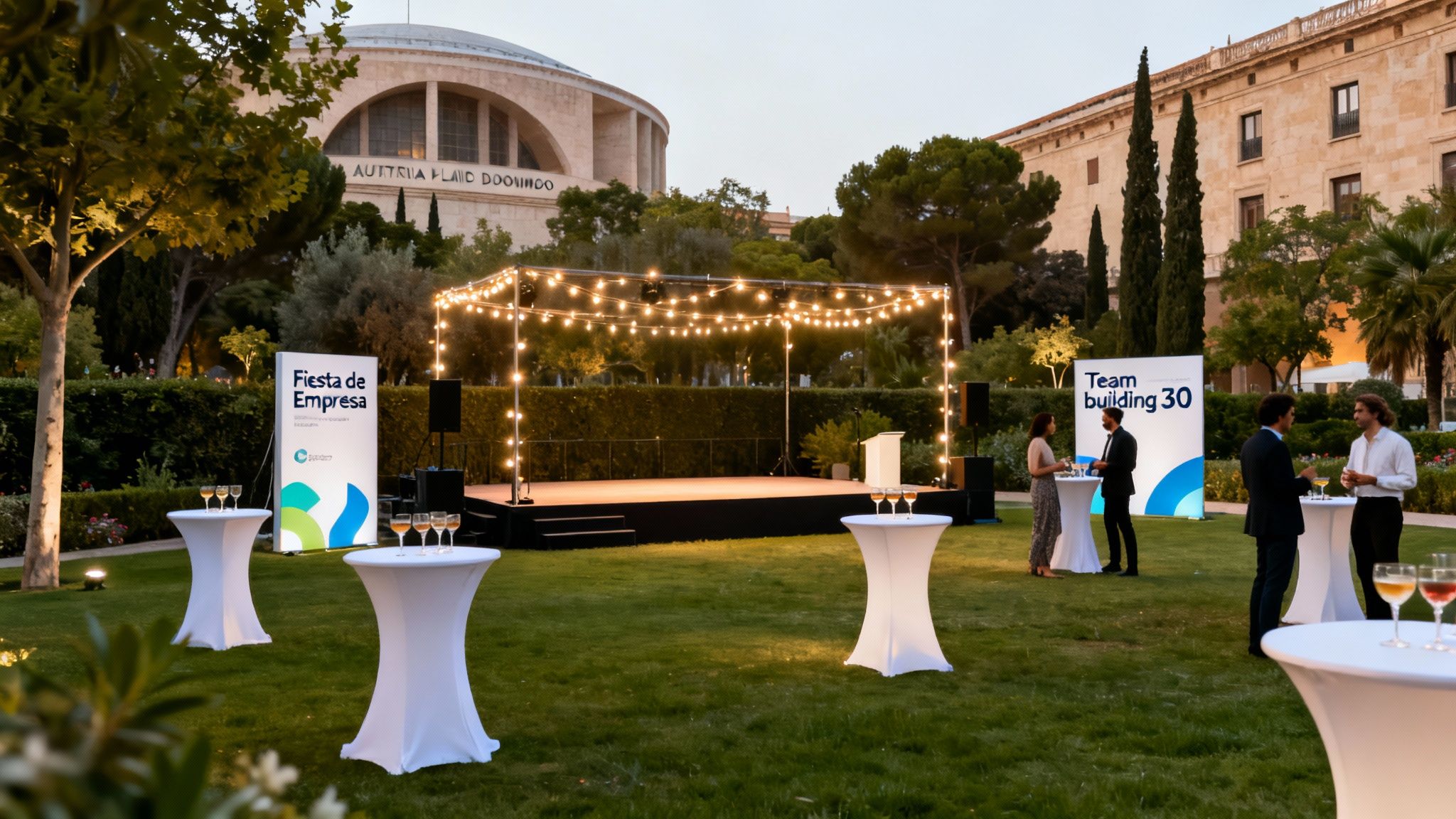 Evento corporativo al aire libre en un jardín con escenario iluminado, gente socializando y el Auditorio Plácido Domingo al fondo.