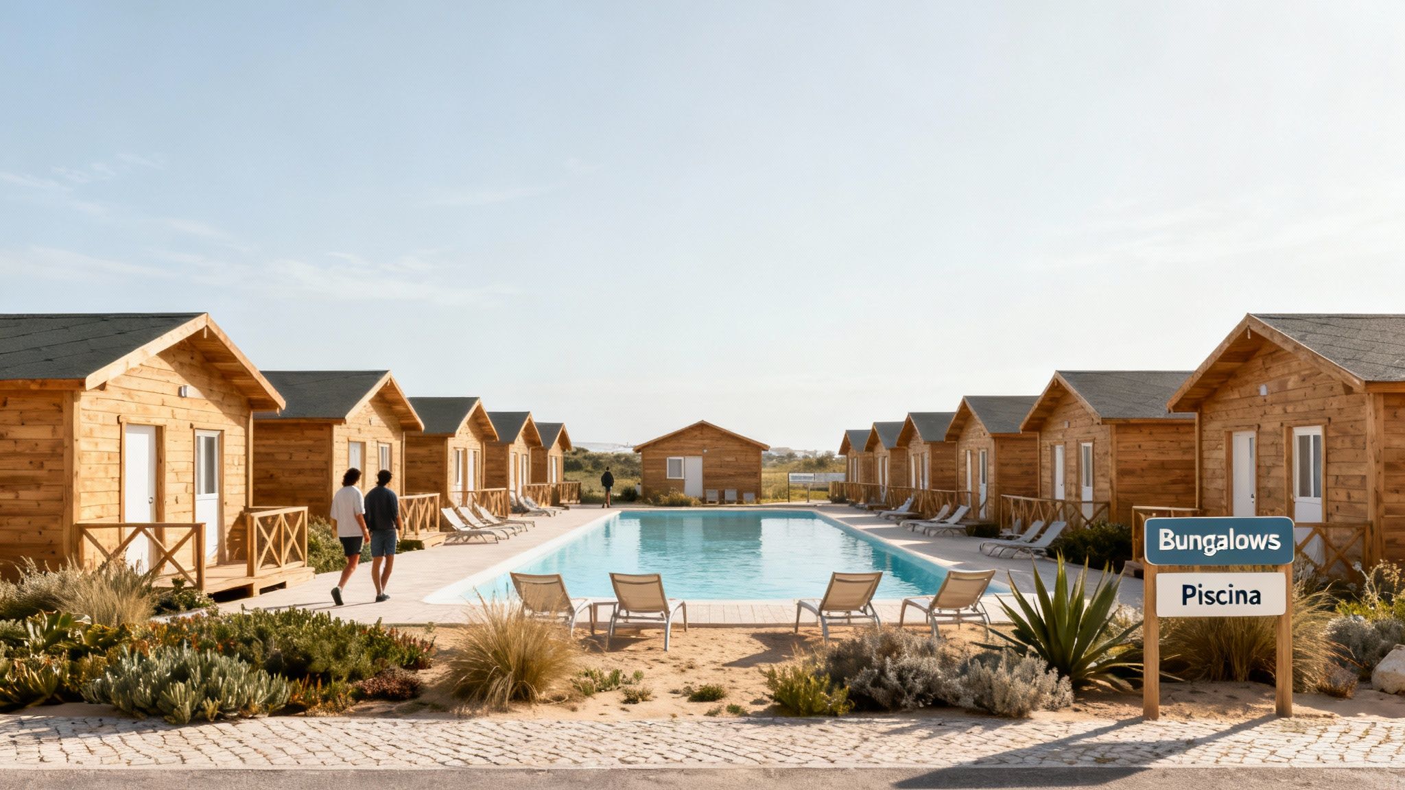 Dos personas caminando junto a una piscina y cabañas de madera en un resort soleado. Un letrero indica 'Bungalows' y 'Piscina'.