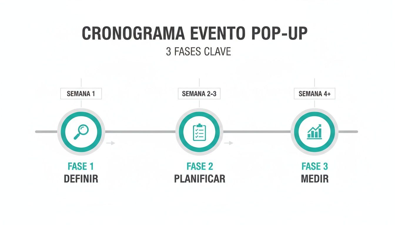 Cronograma de evento pop-up con 3 fases clave: definir, planificar y medir, mostrando su duración en semanas.