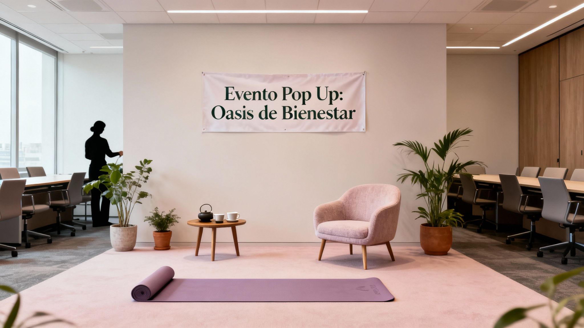Oficina moderna transformada para un evento de bienestar con alfombra rosa, esterilla de yoga, plantas y un banner.