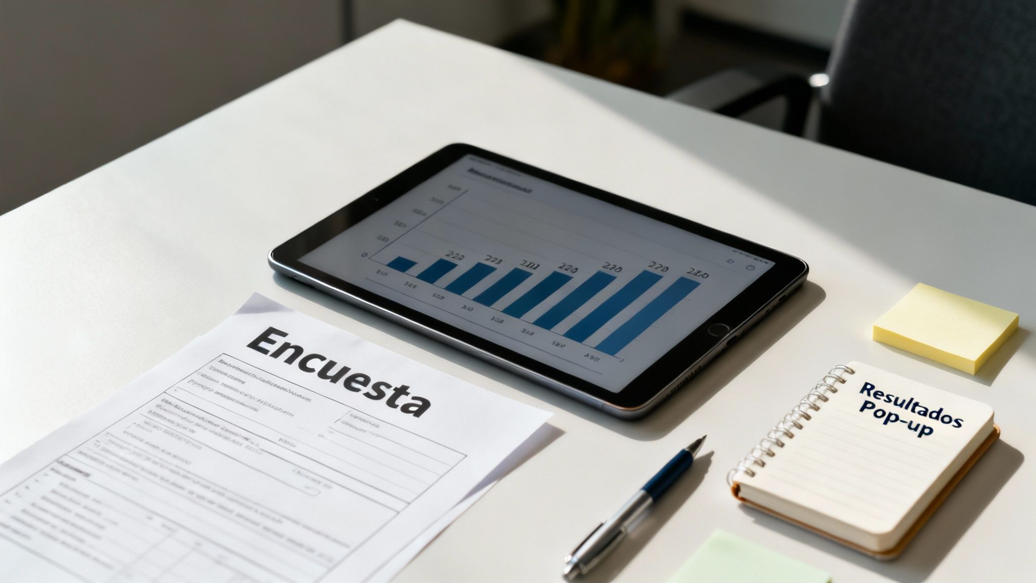 Escritorio de oficina con tablet mostrando un gráfico de barras, encuesta, y notas sobre resultados de un evento pop-up.