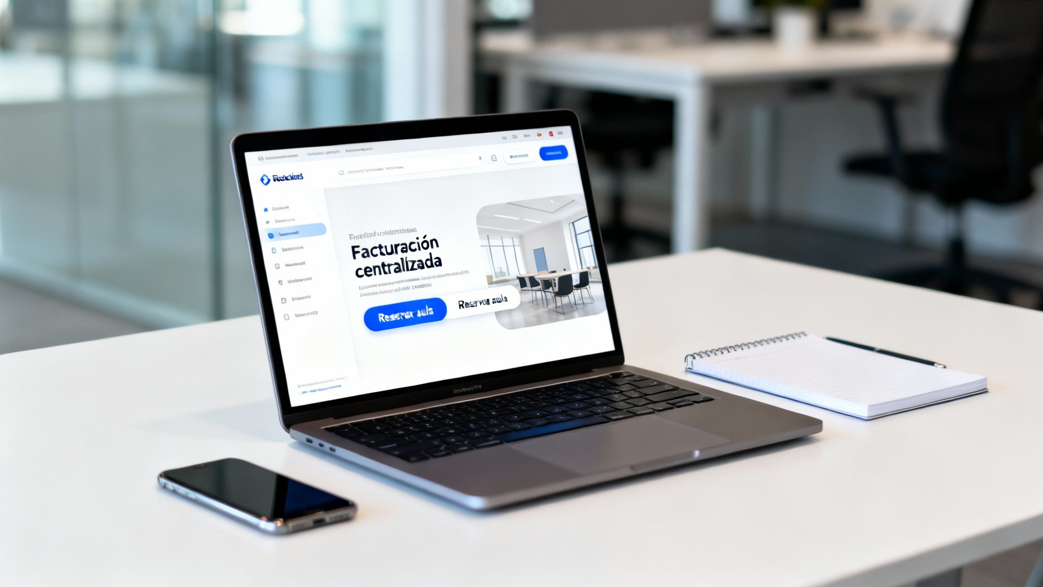 Portátil mostrando un sistema de reserva de aulas en una oficina moderna.