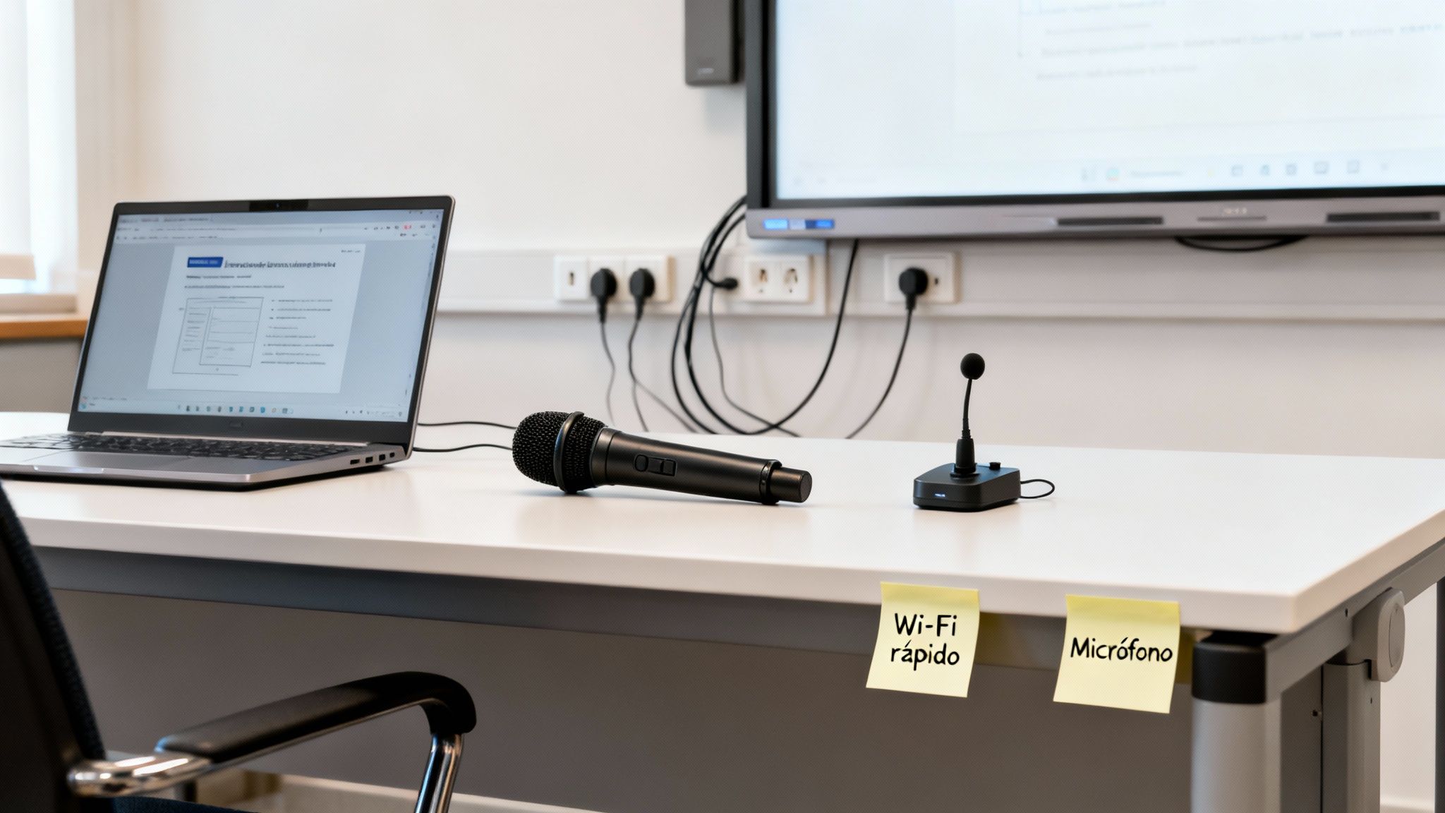 Un aula moderna con un portátil, dos micrófonos, una pantalla grande y enchufes en la pared, con notas adhesivas.