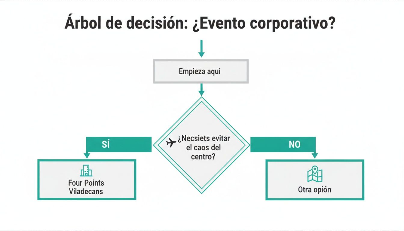 Diagrama de flujo para un evento corporativo, preguntando si se necesita evitar el caos del centro y sugiriendo Four Points Viladecans.