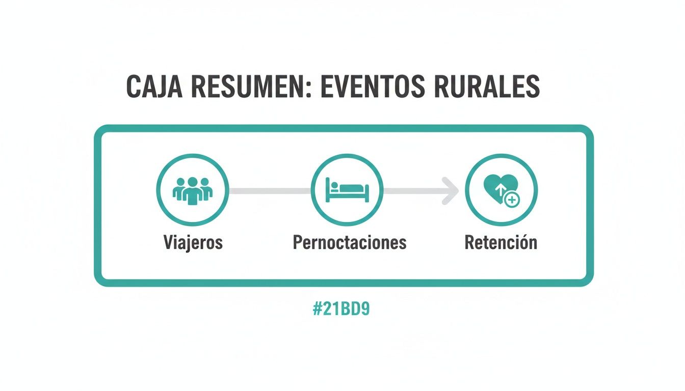 Infografía que muestra un resumen de eventos rurales, destacando viajeros, pernoctaciones y retención con iconos.