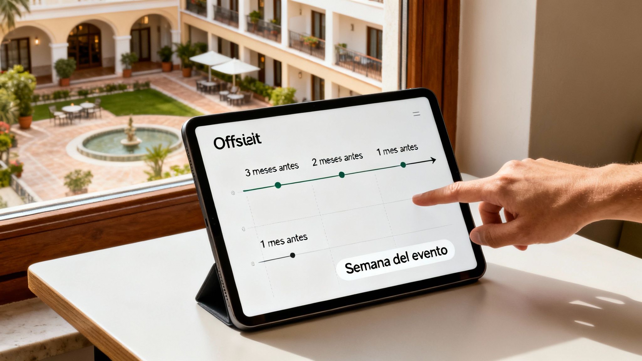 Persona usando una tablet con una línea de tiempo de planificación de eventos en un hotel.