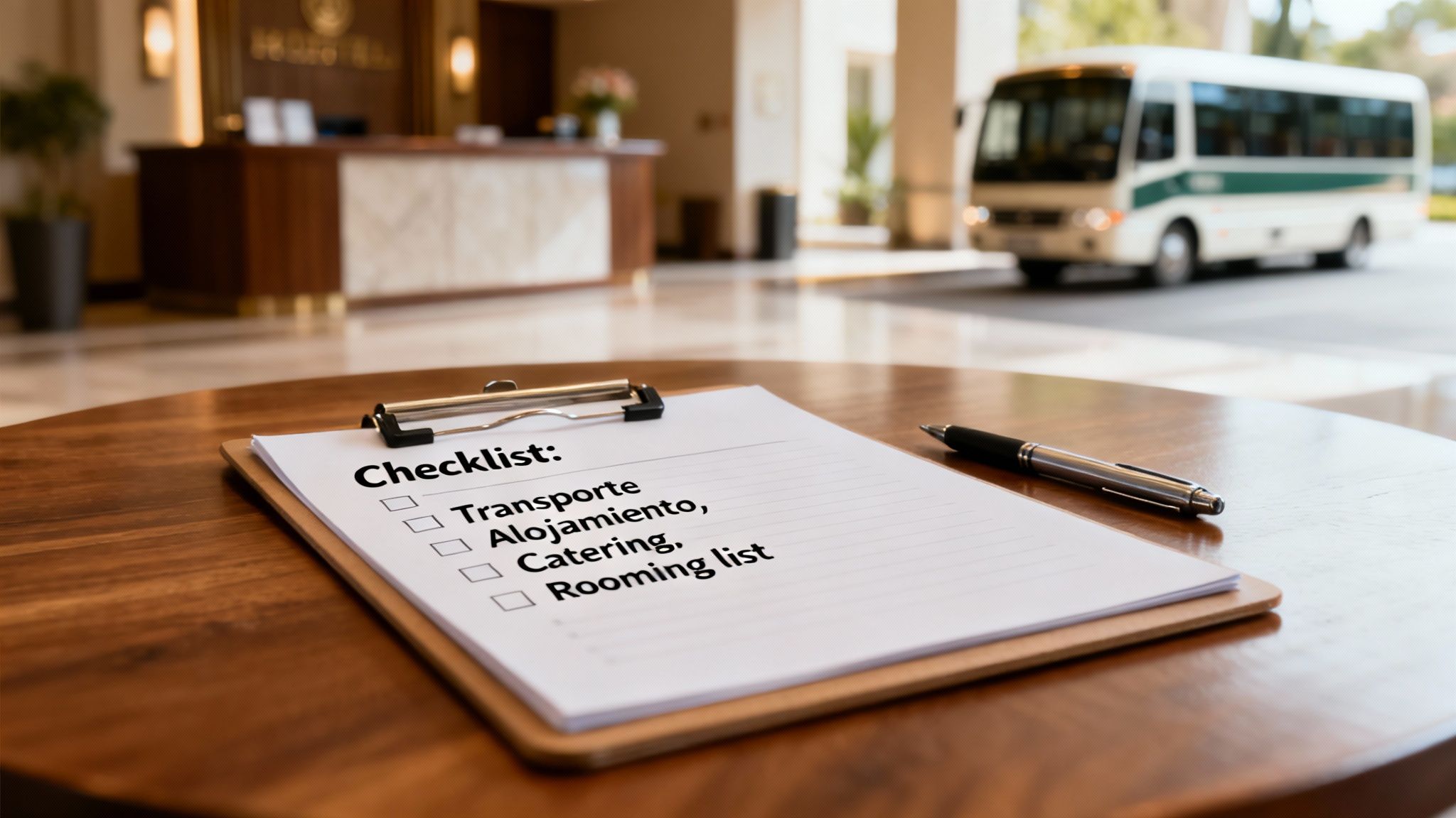Un portapapeles con una lista de verificación en una mesa de madera, con un vestíbulo de hotel y un autobús al fondo.