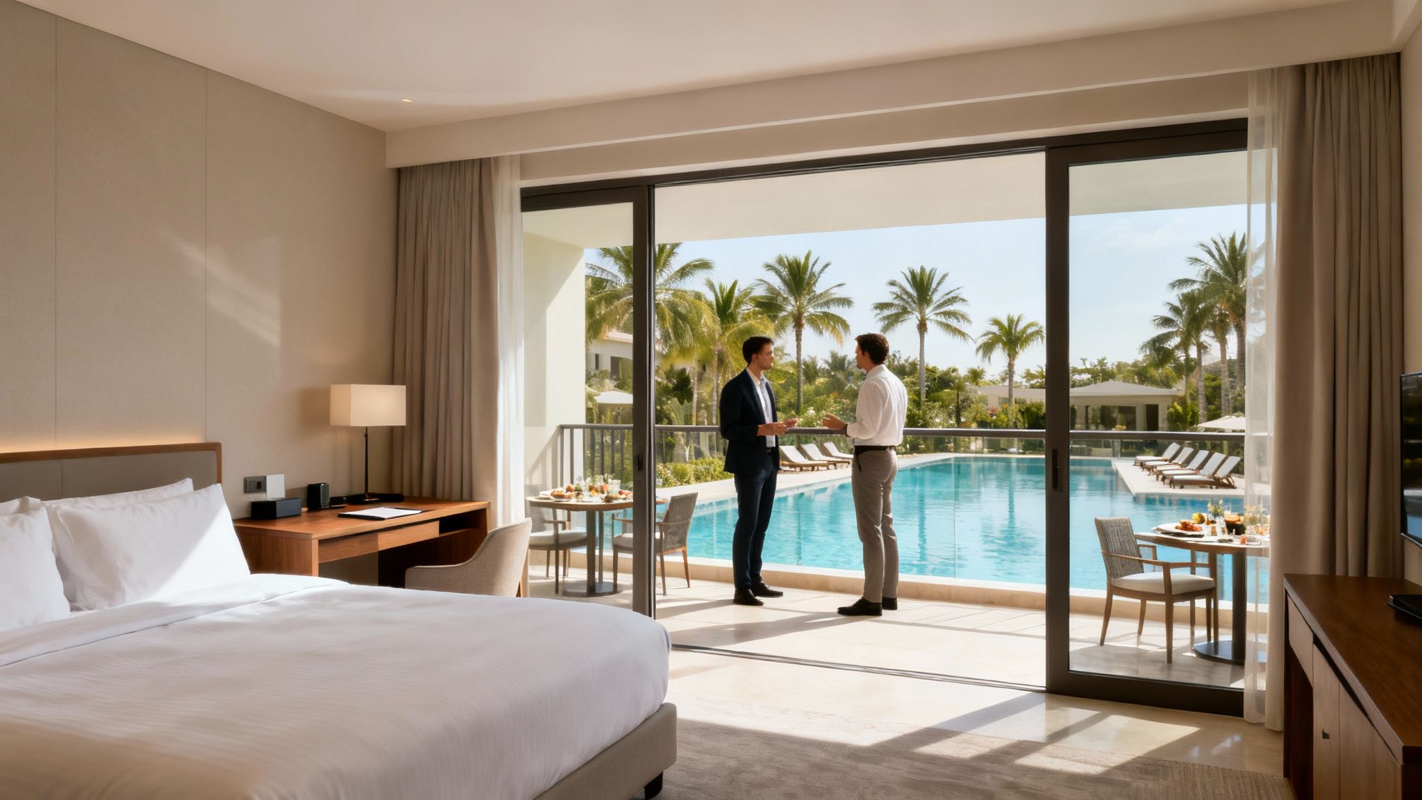 Lujosa habitación de hotel con balcón, vistas a la piscina, palmeras y dos hombres de negocios conversando.