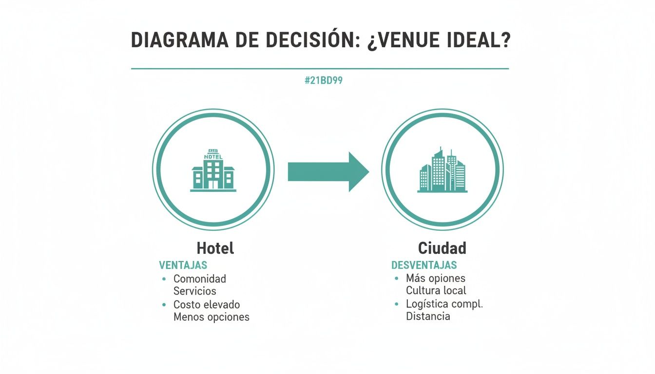 Diagrama de decisión comparando hotel y ciudad como sede ideal, mostrando ventajas y desventajas de cada opción.