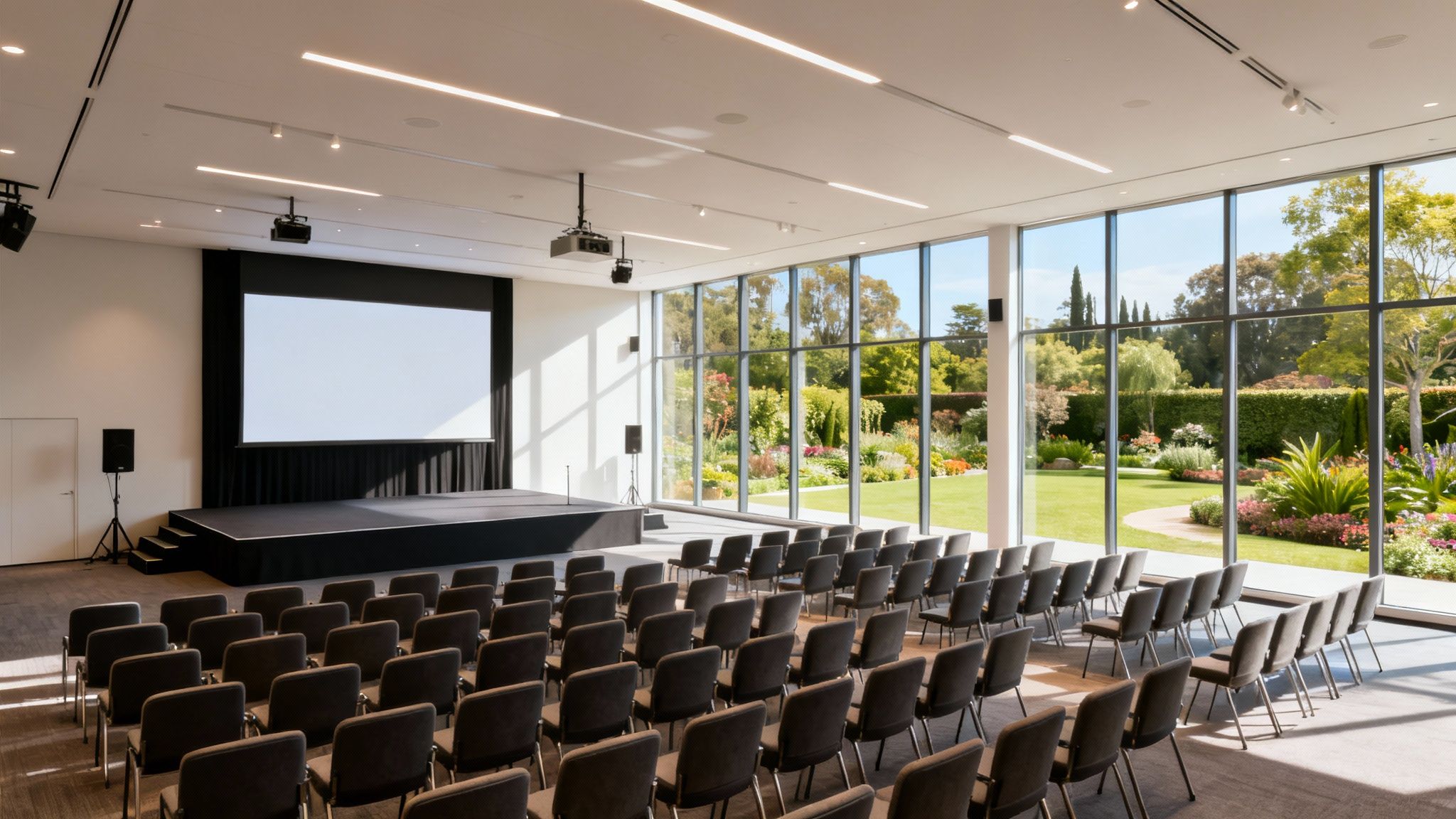 Amplia sala de conferencias moderna con escenario, pantalla de proyección y vistas a un exuberante jardín.