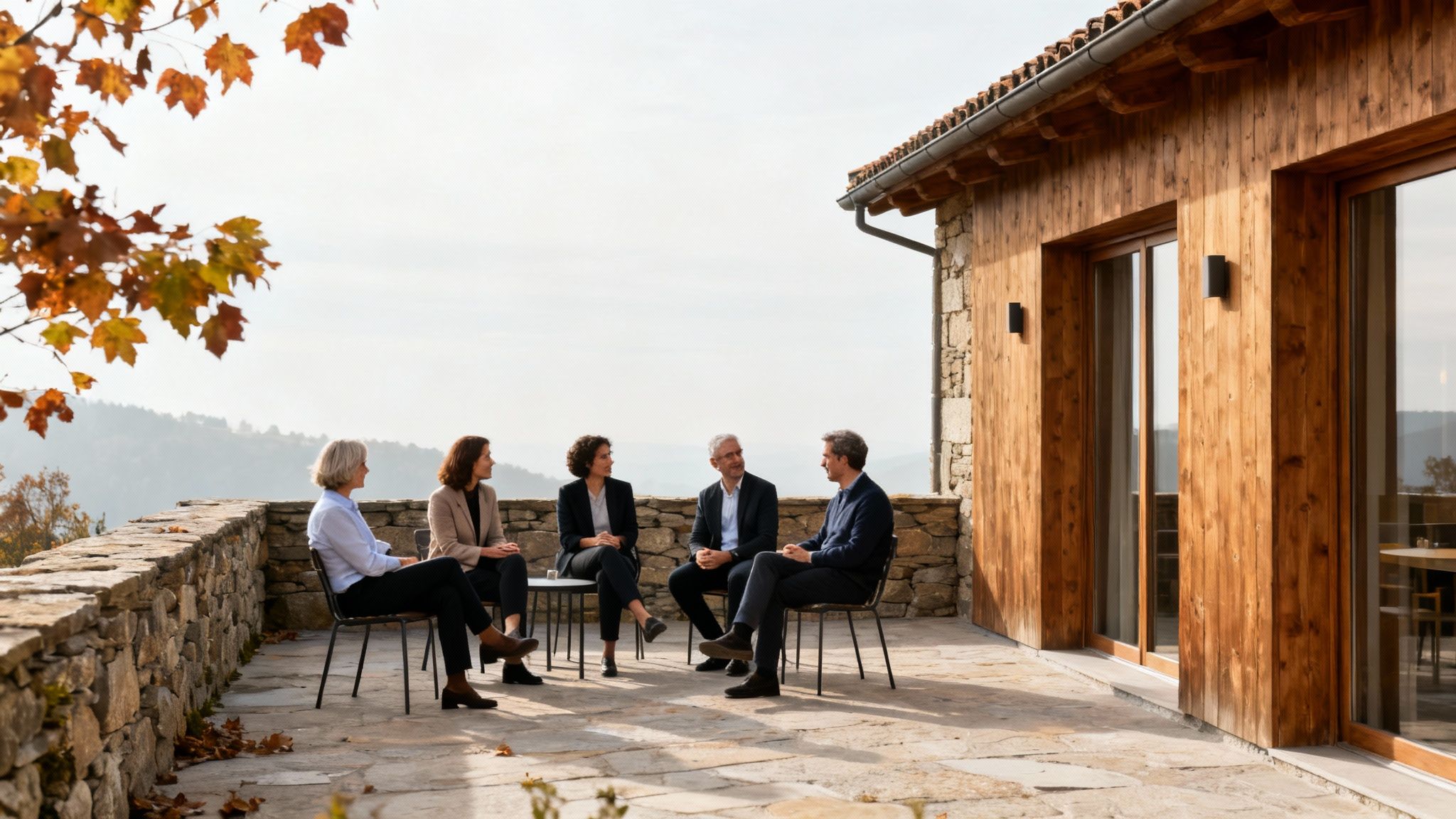 Cinco personas conversando en una terraza de piedra con vista a montañas y hojas de otoño.