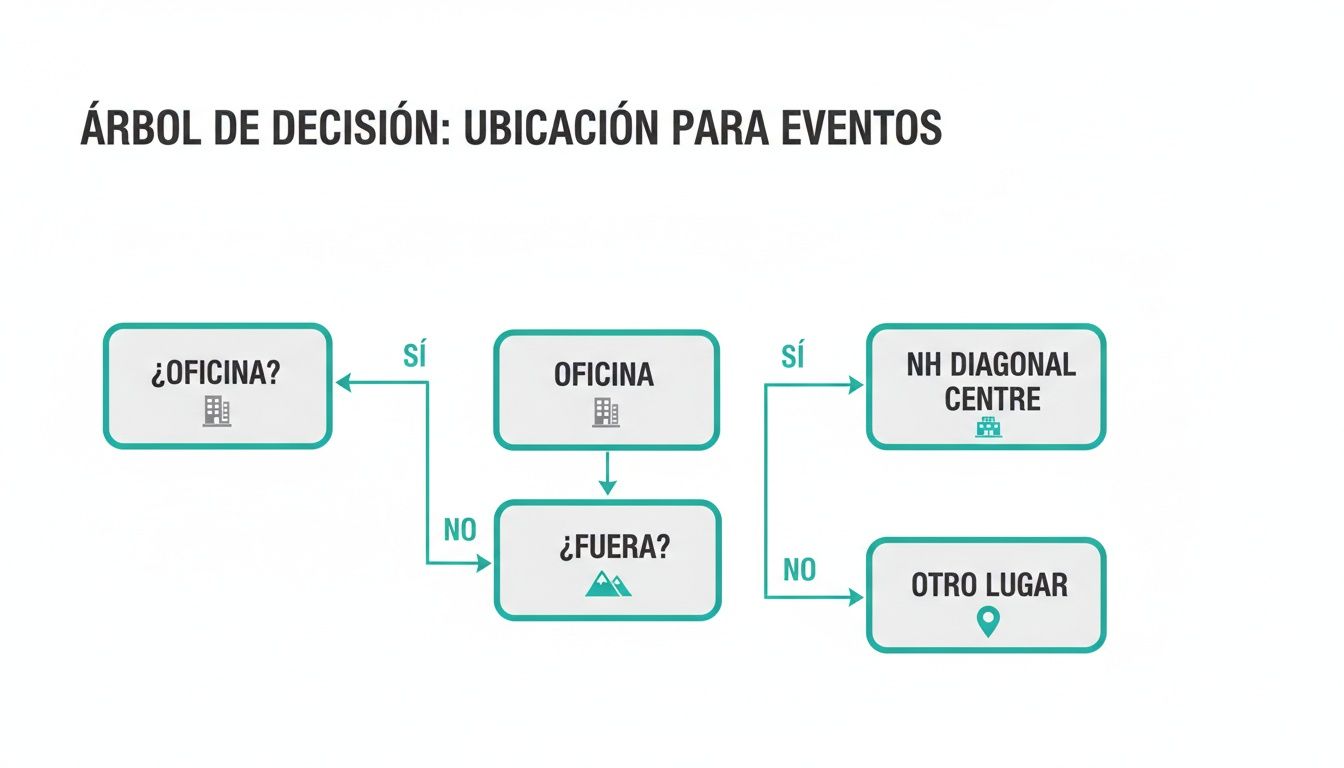 Árbol de decisión para elegir la ubicación ideal para eventos, incluyendo opciones como oficina, NH Diagonal Centre o fuera.