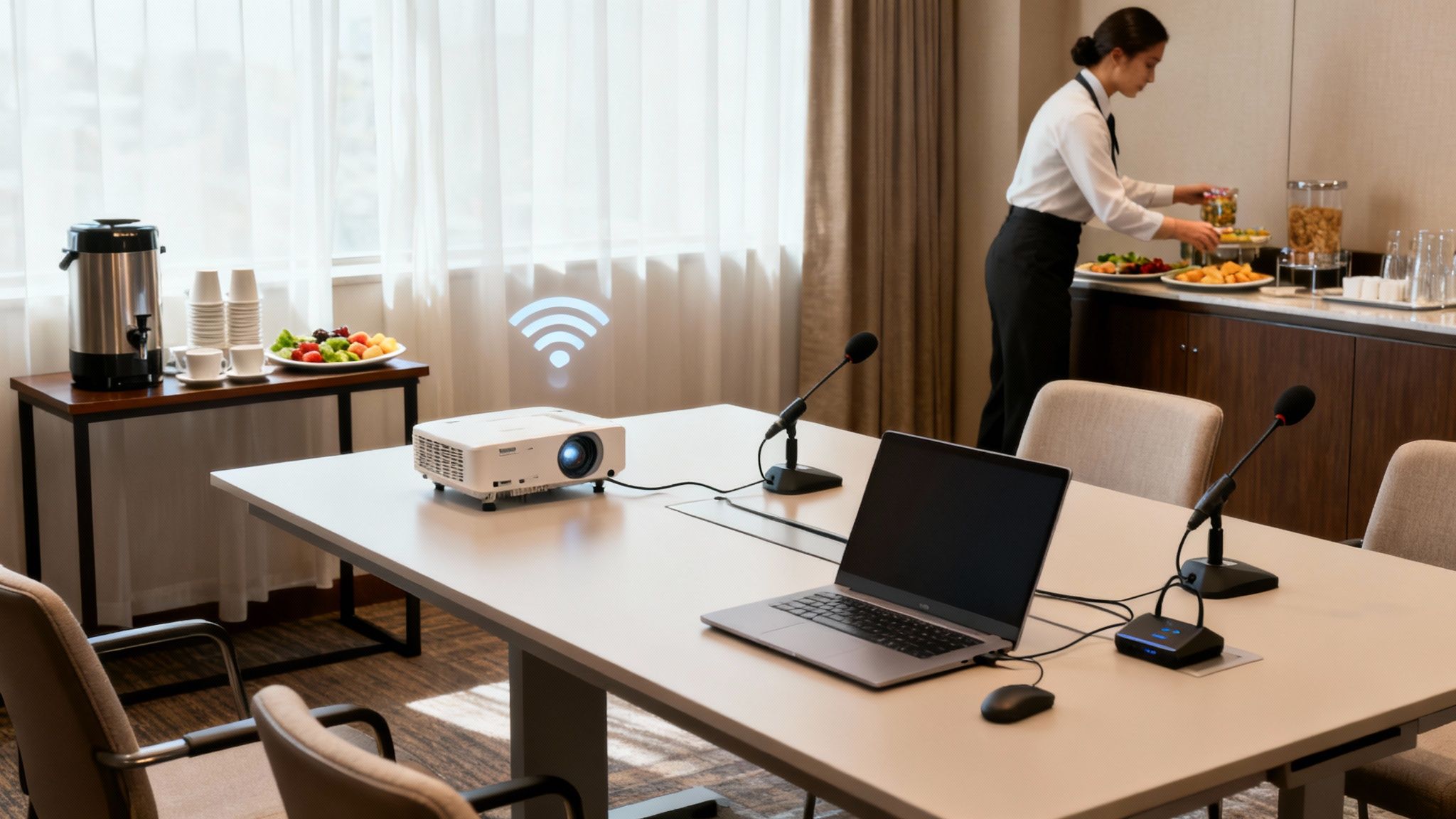 Una sala de reuniones moderna con proyector, portátiles, micrófonos y un buffet de desayuno.