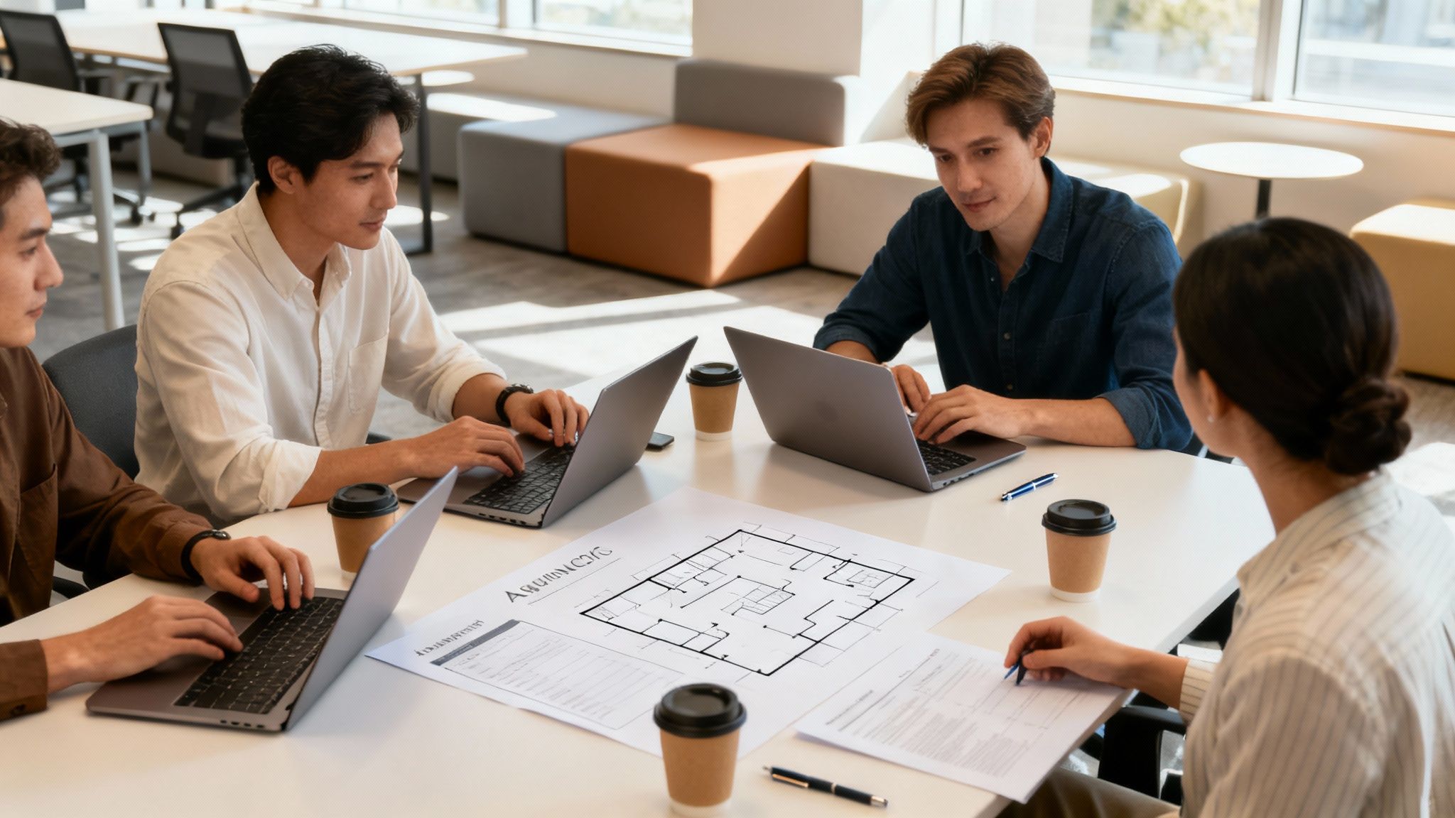 Jóvenes profesionales colaborando en una oficina luminosa con laptops y planos de arquitectura en la mesa.