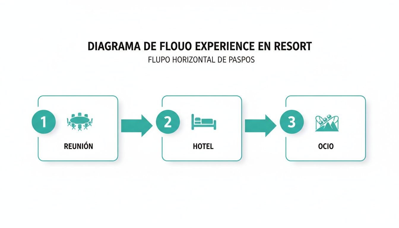 Diagrama de flujo horizontal de una experiencia en resort con pasos: reunión, hotel y ocio.