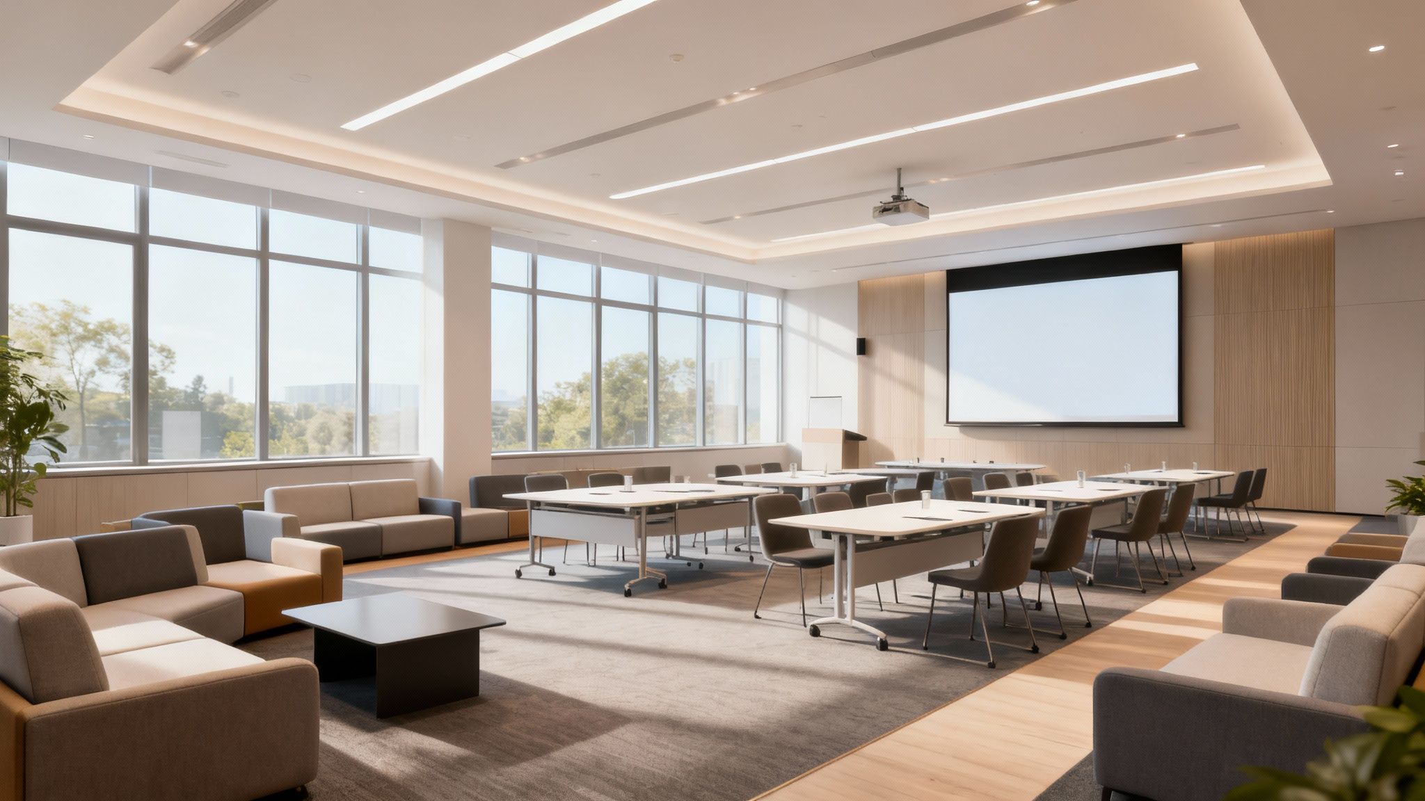 Sala de conferencias moderna y luminosa con grandes ventanales, mesas de reuniones y zonas lounge.