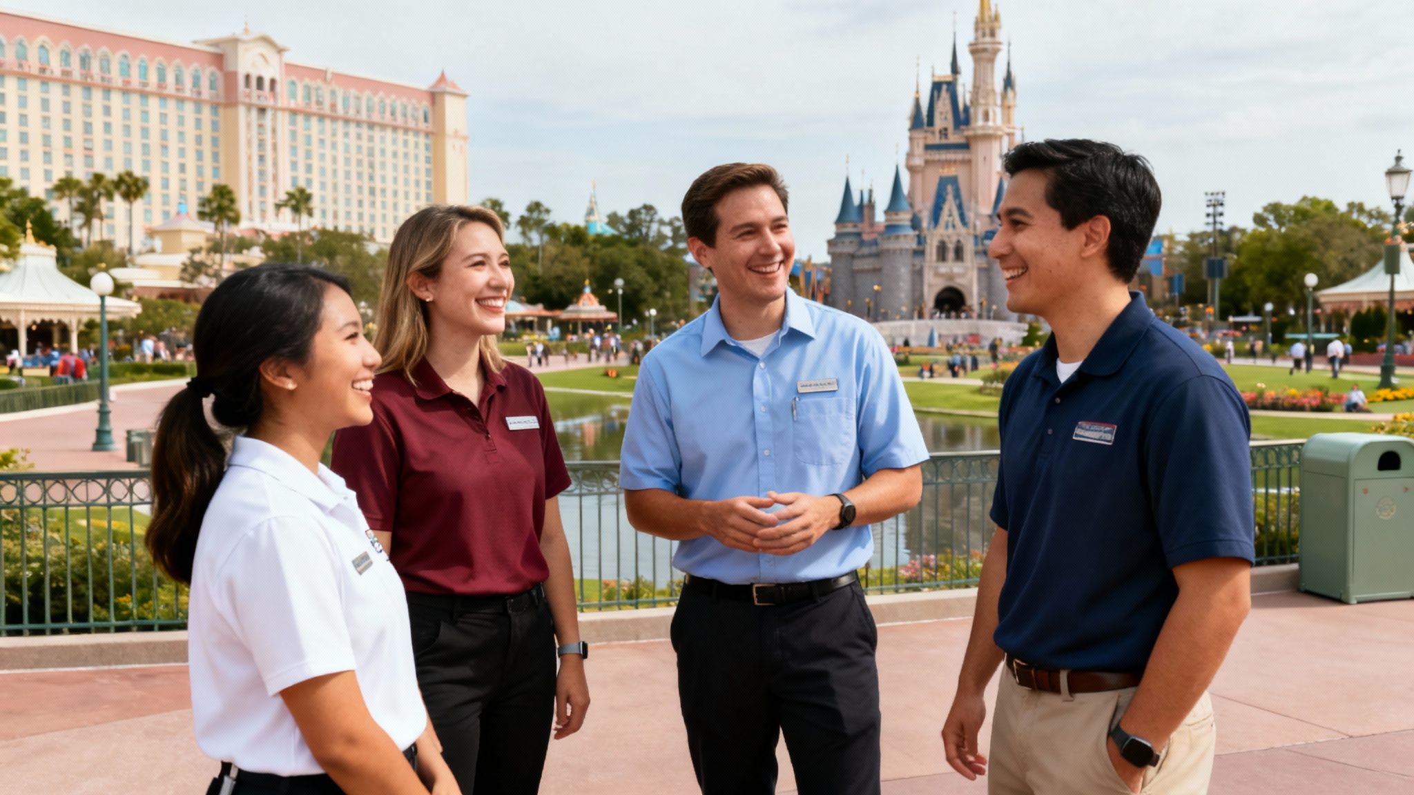 Cuatro empleados de parque temático sonriendo y charlando con un castillo y hotel de fondo.