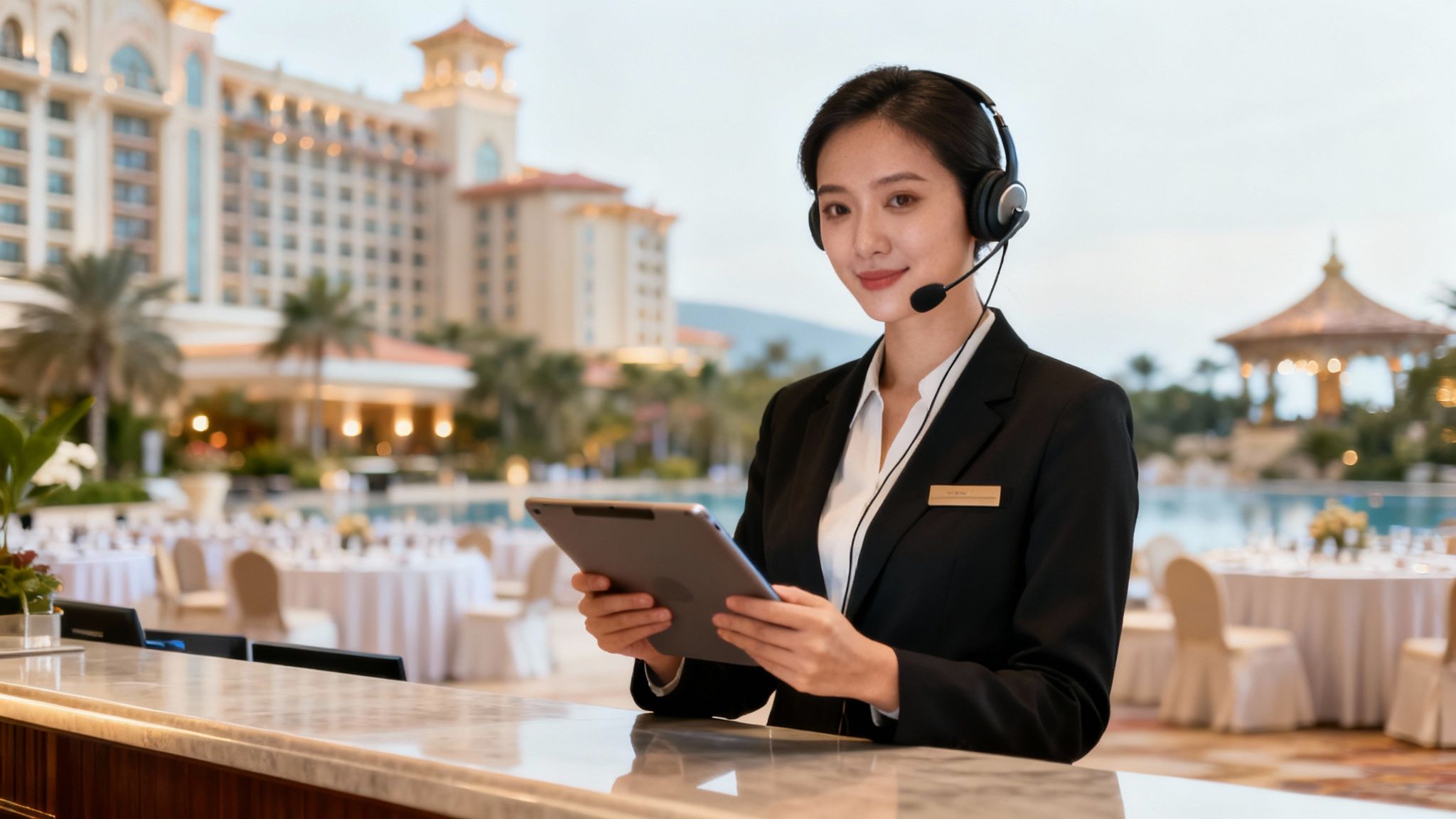Asistente de eventos sonriente con auriculares y tableta en un elegante resort al aire libre.