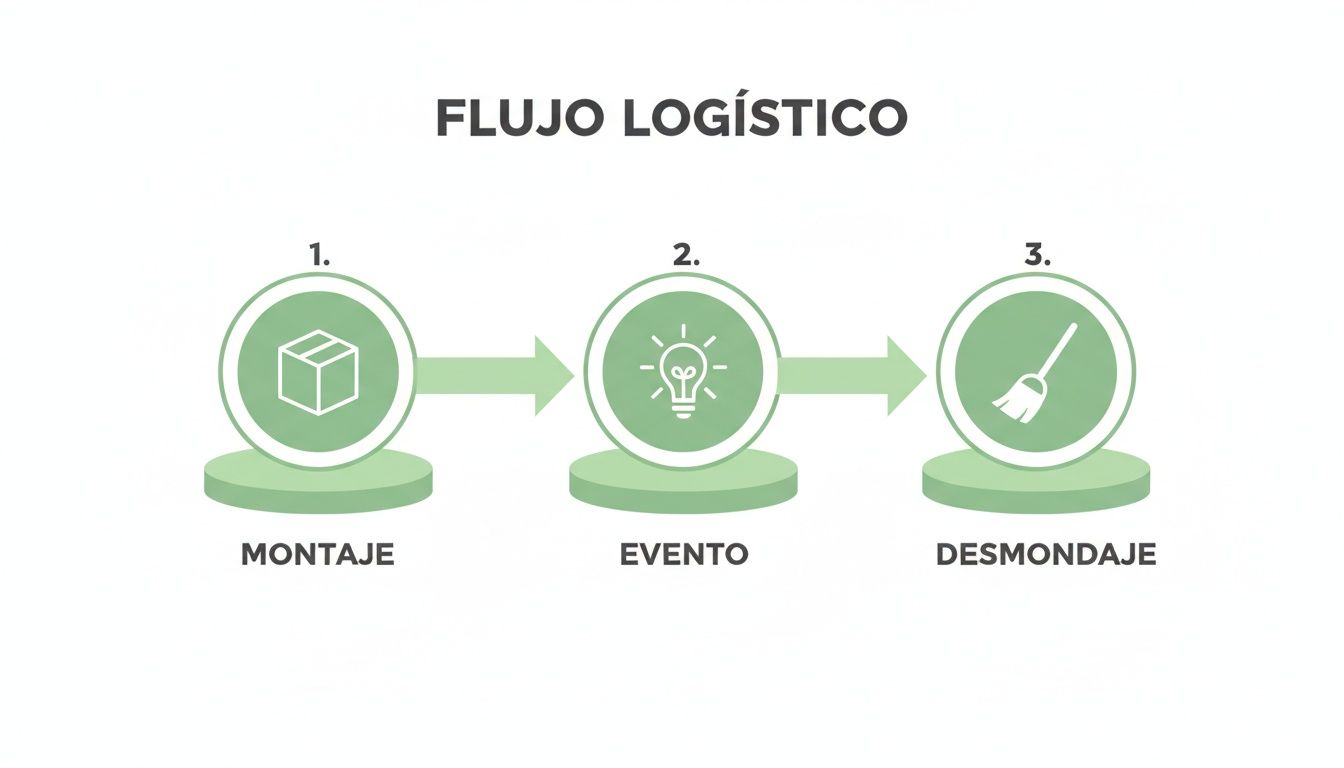Flujo logístico de eventos con pasos de montaje, evento y desmontaje, ilustrado con iconos de caja, bombilla y escoba.