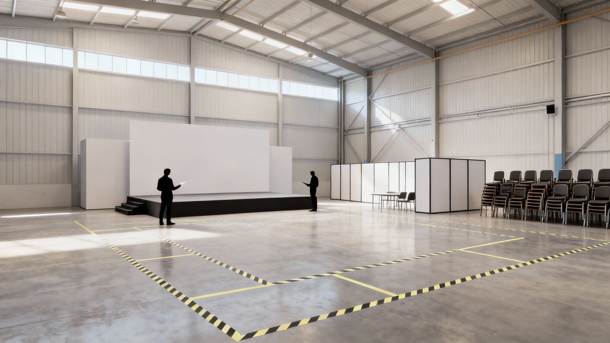 Gran almacén o nave industrial preparado para eventos con escenario, sillas y separadores.