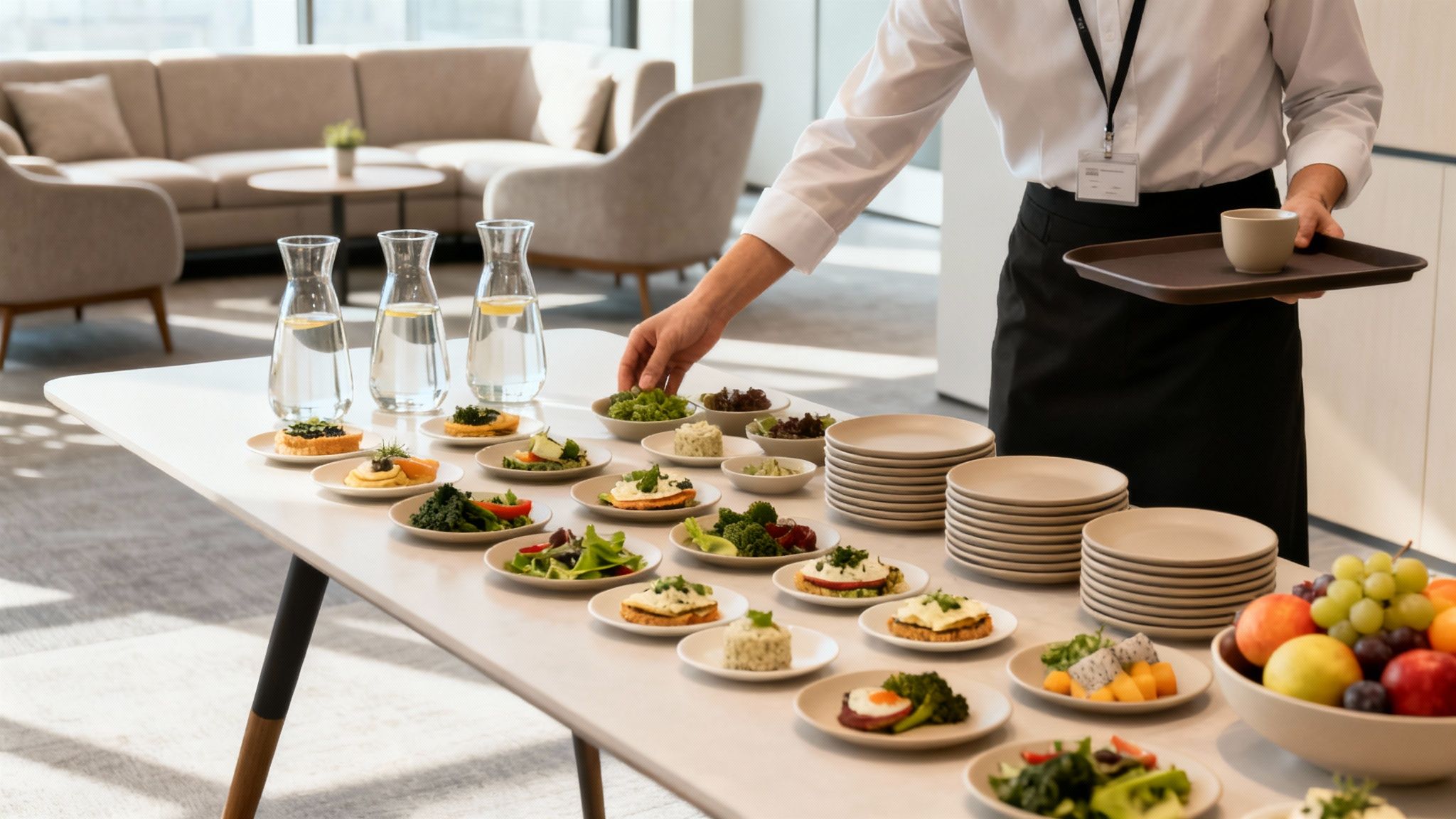 Una persona sirve pequeños platos de comida en una mesa de catering para un evento en un espacio moderno.