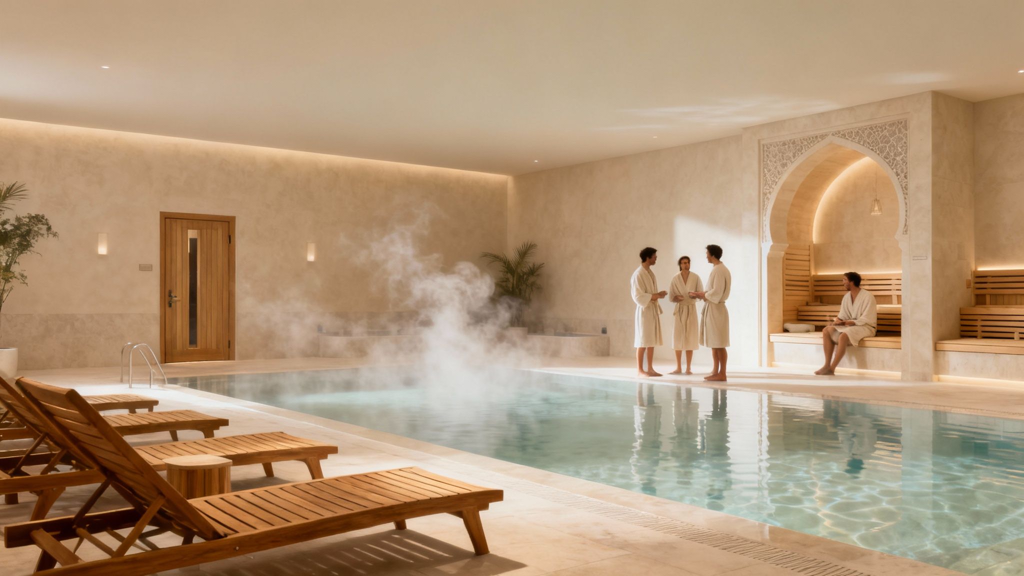 Hombres en albornoces disfrutan de una piscina interior y zona de spa con sauna y tumbonas de madera.