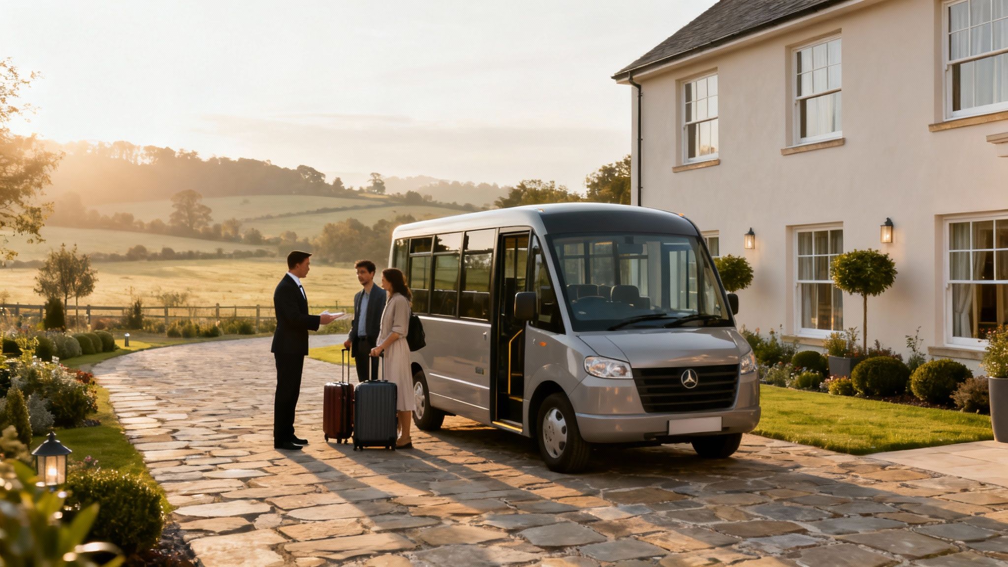 Una pareja con maletas es recibida por un empleado en un autobús frente a una casa de campo al atardecer.
