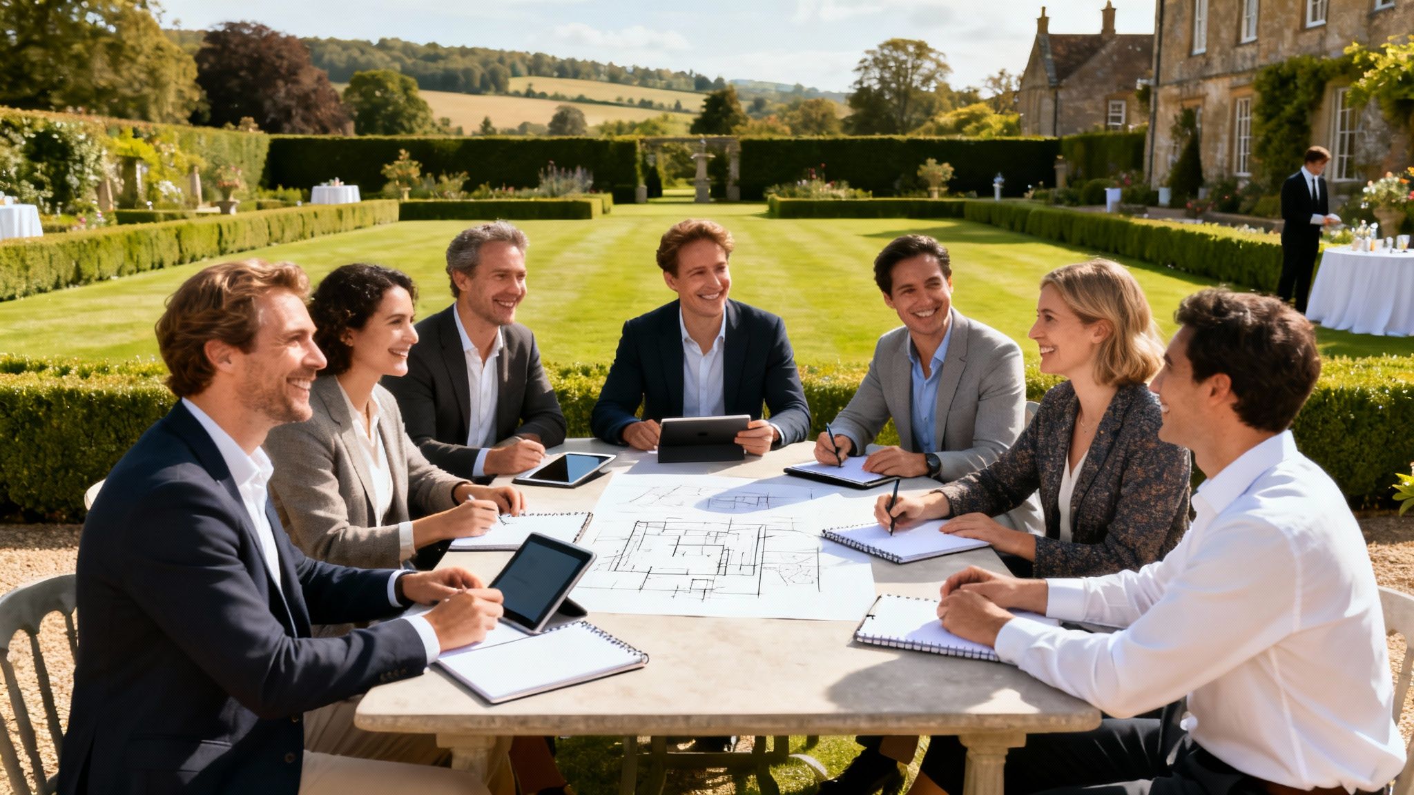 Grupo de profesionales sonrientes en una reunión al aire libre en un hermoso jardín con planos y tabletas, un camarero en el fondo.