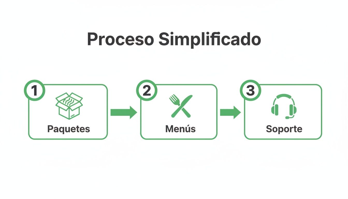 Diagrama de un proceso simplificado en tres pasos: paquetes, menús y soporte al cliente.