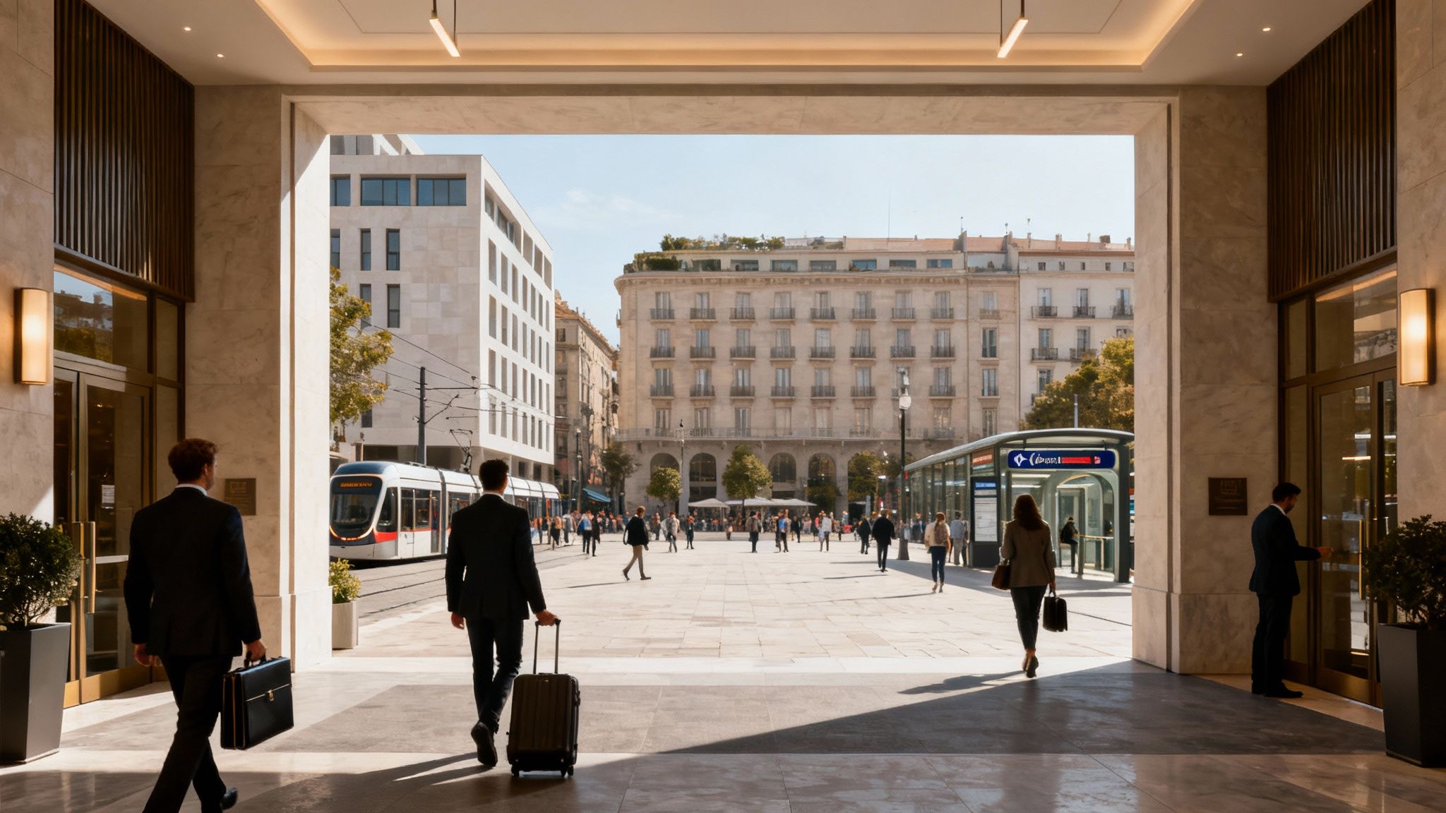 Vista desde un portal elegante a una concurrida plaza de ciudad con personas, un tranvía y edificios históricos.