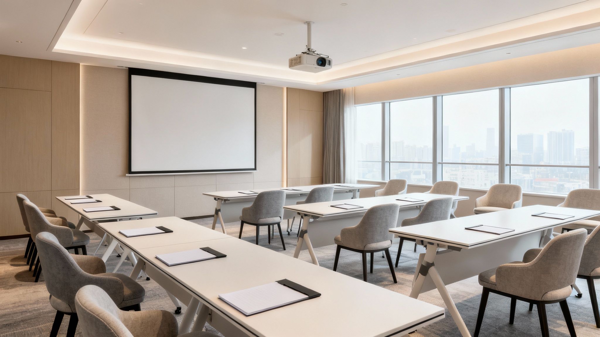 Una sala de reuniones moderna con mesas, sillas grises, un proyector y ventanas con vista a la ciudad.