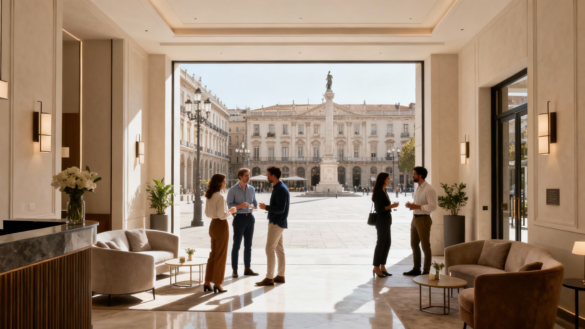 Personas conversando en el elegante vestíbulo de un hotel con vistas a una plaza urbana histórica.