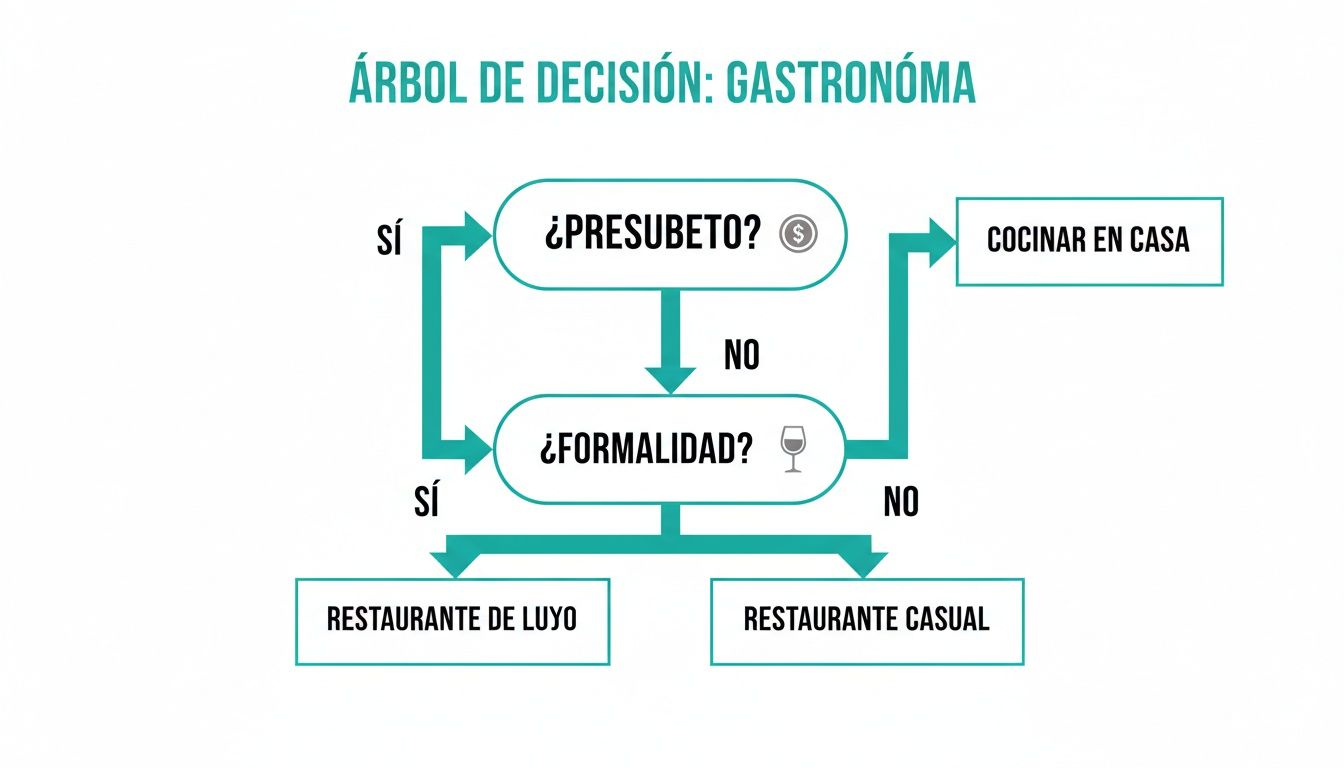 Árbol de decisión gastronómico que guía entre cocinar en casa, restaurante de lujo o casual según presupuesto y formalidad.