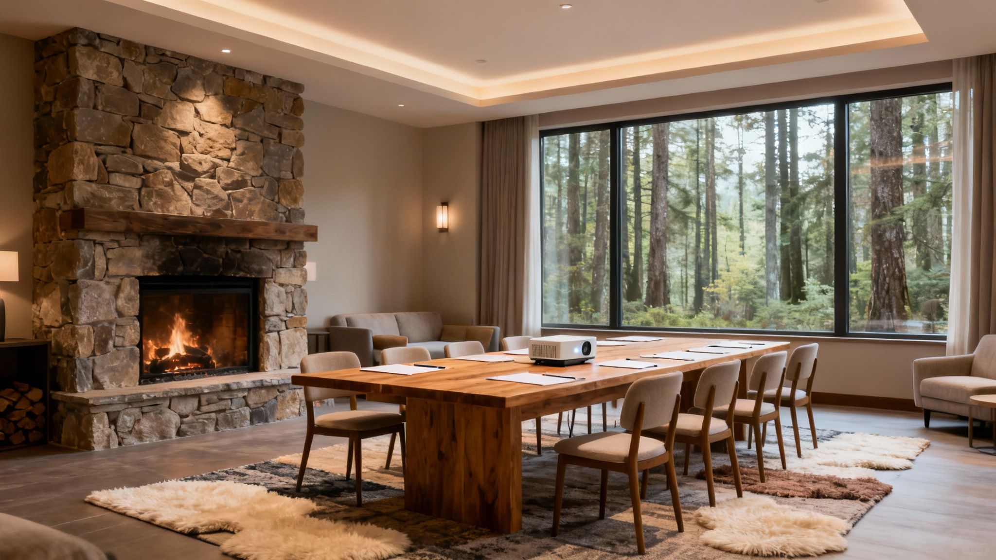 Espaciosa sala de reuniones en hotel rural, con chimenea de piedra, mesa de madera, proyector y vistas al bosque.