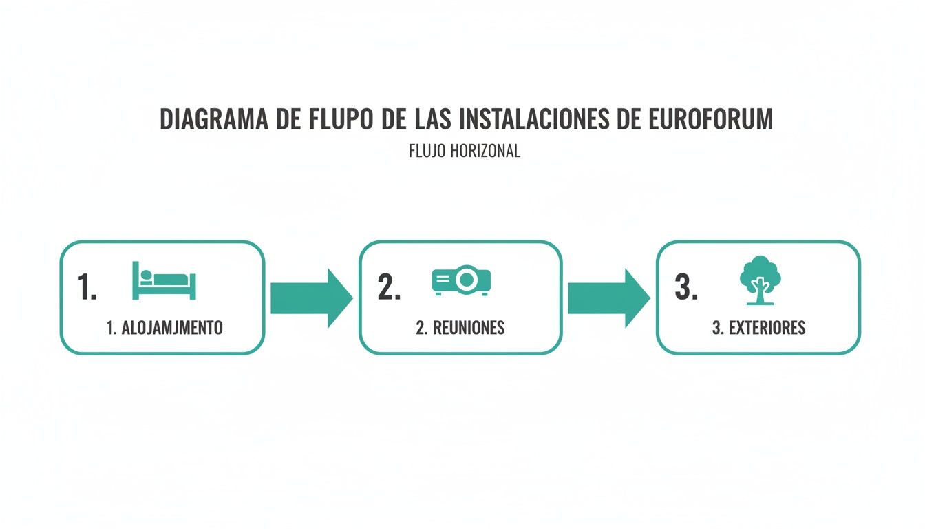Diagrama de flujo horizontal de las instalaciones de Euroforum, detallando alojamiento, reuniones y exteriores.