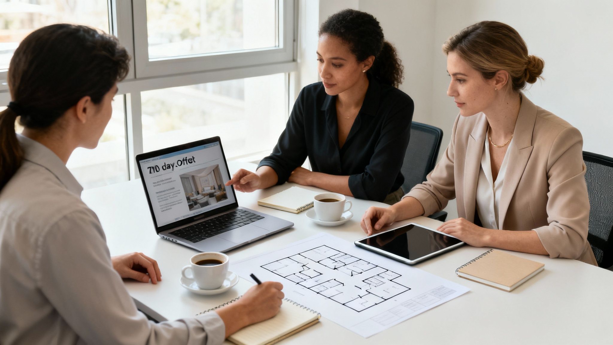Tres mujeres profesionales en una reunión de negocios, una señalando la pantalla del portátil con un plano.