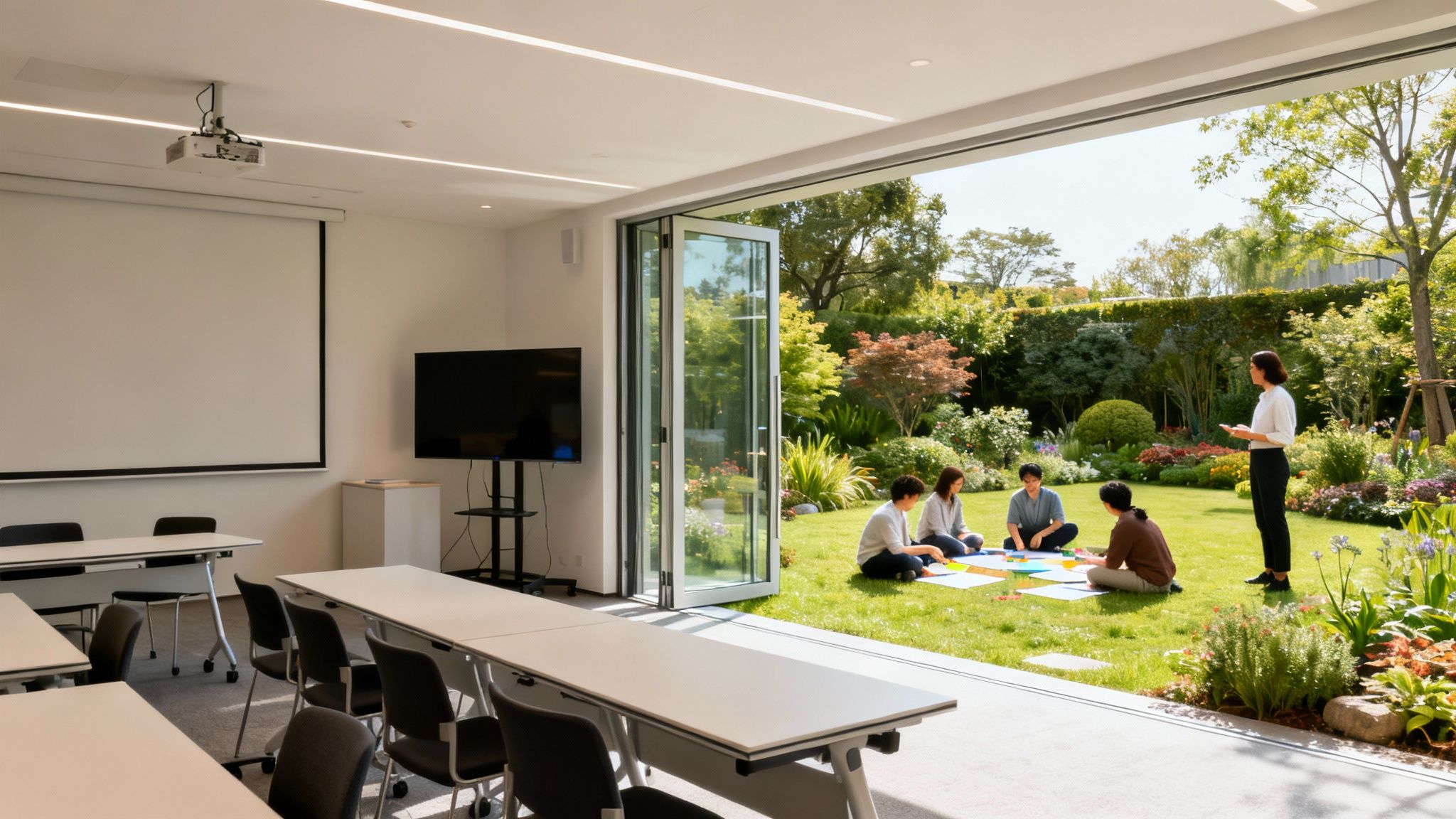 Una sala de reuniones moderna que se abre a un jardín verde, con personas sentadas en el césped y una presentadora de pie.