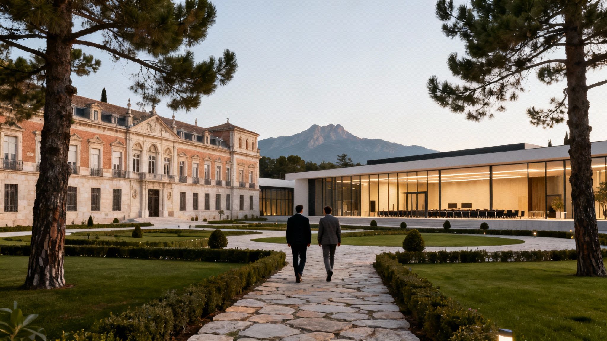Dos hombres caminan por un jardín hacia un edificio moderno de cristal, con un palacio histórico y montañas de fondo.
