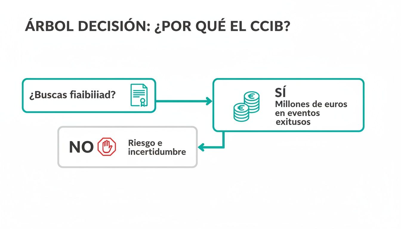 Diagrama de árbol de decisión explicando por qué elegir el CCIB, enfocándose en fiabilidad y éxito financiero.