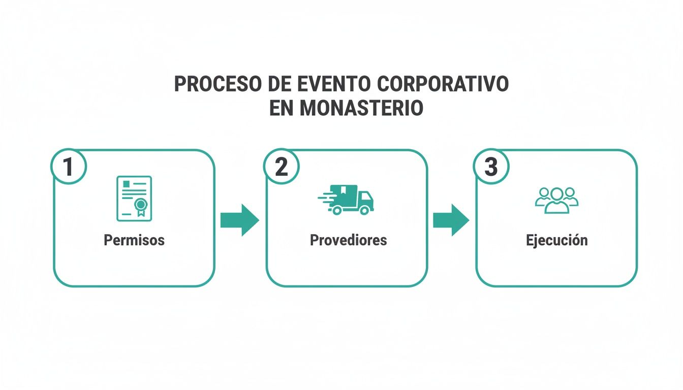 Diagrama de flujo que ilustra el proceso de evento corporativo en un monasterio: Permisos, Proveedores y Ejecución.