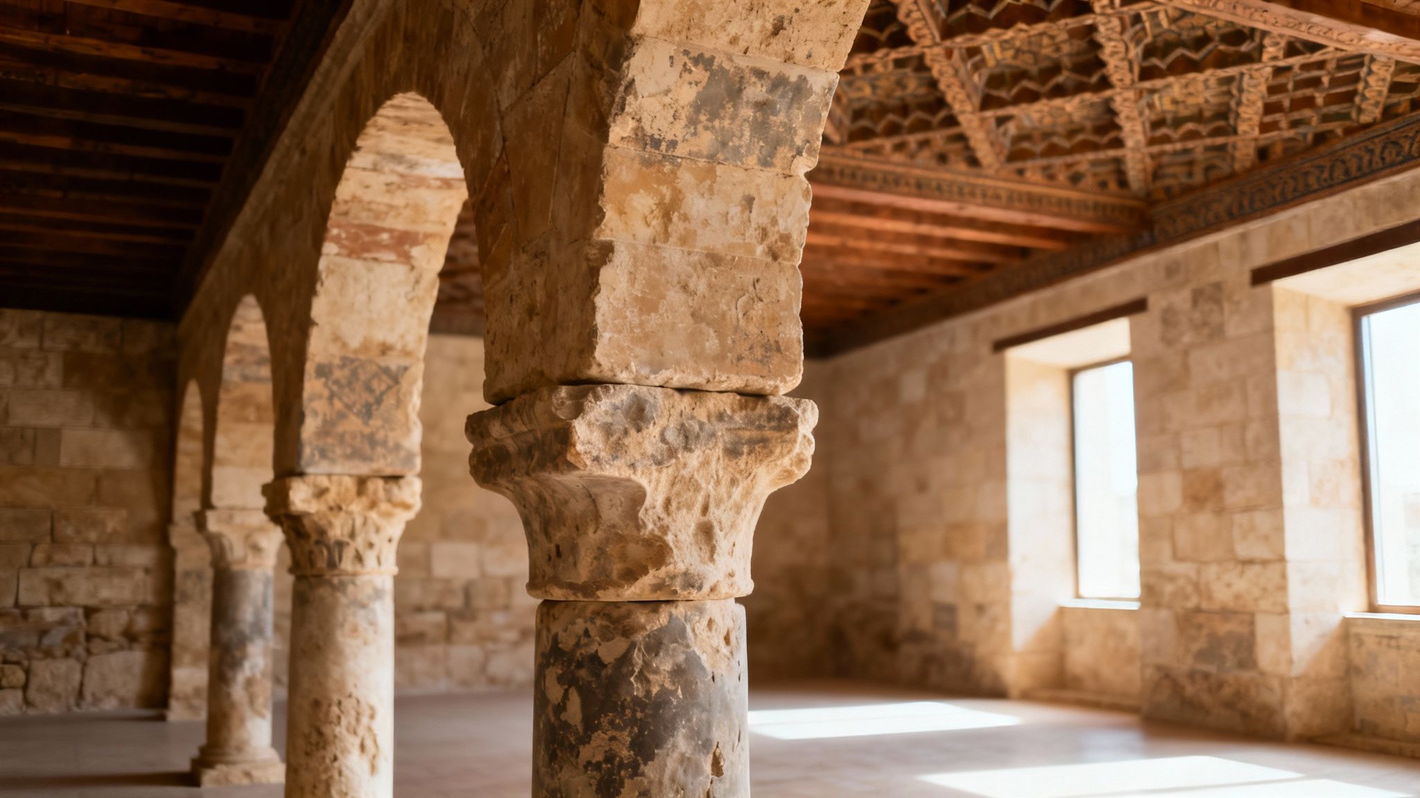 Un pasillo histórico con arcos de piedra y pilares, un techo de madera tallada y ventanas luminosas.
